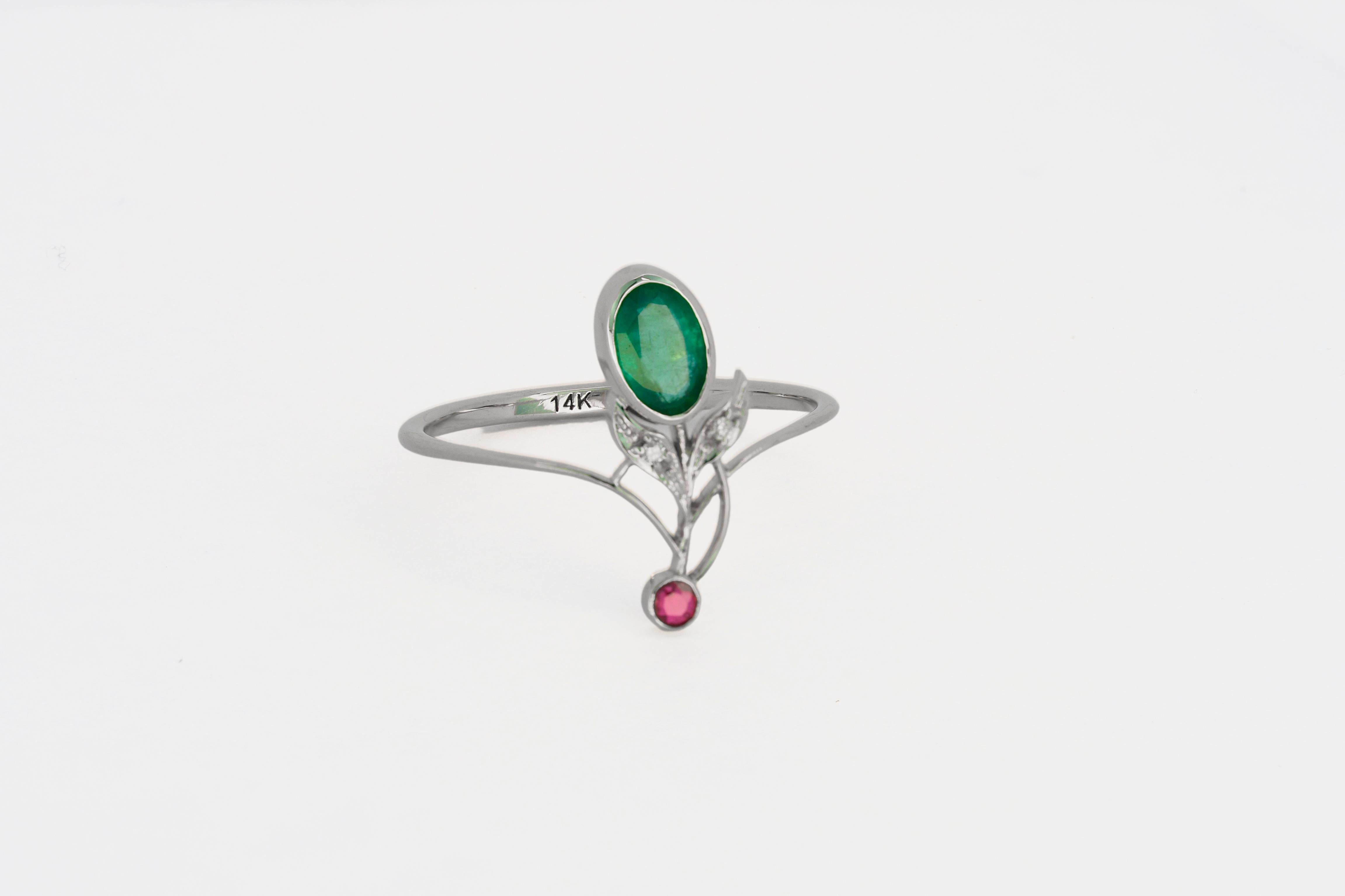 Oval Cut 14k Gold Ring with Emerald, Ruby and Diamonds For Sale