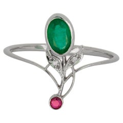 14 Karat Gold Ring with Emerald, Ruby and Diamonds