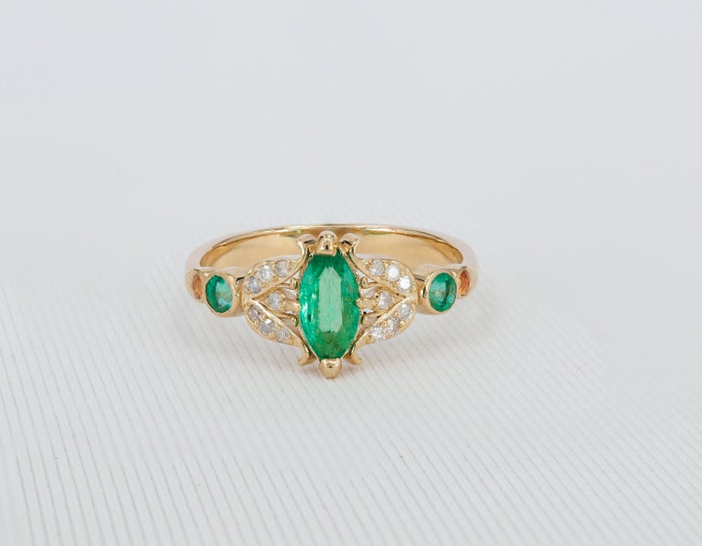 For Sale:  14 karat Gold Ring with Marquise Emerald. Vintage inspirired emerald ring. 4