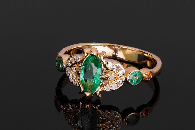 For Sale:  14 karat Gold Ring with Marquise Emerald. Vintage inspirired emerald ring. 6