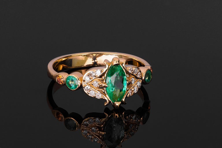For Sale:  14 karat Gold Ring with Marquise Emerald. Vintage inspirired emerald ring. 7
