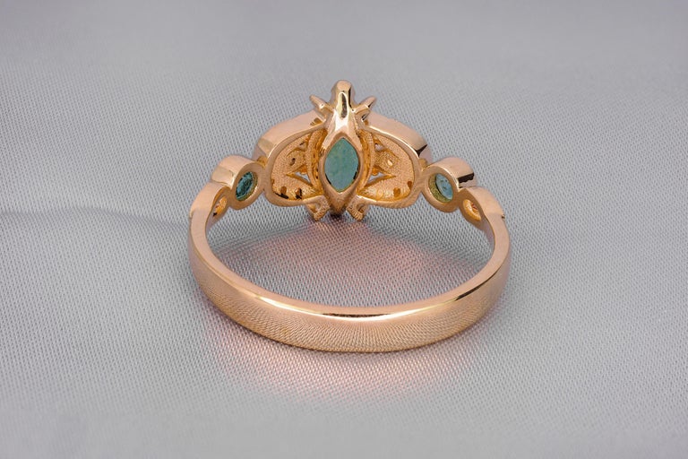 For Sale:  14 karat Gold Ring with Marquise Emerald. Vintage inspirired emerald ring. 8
