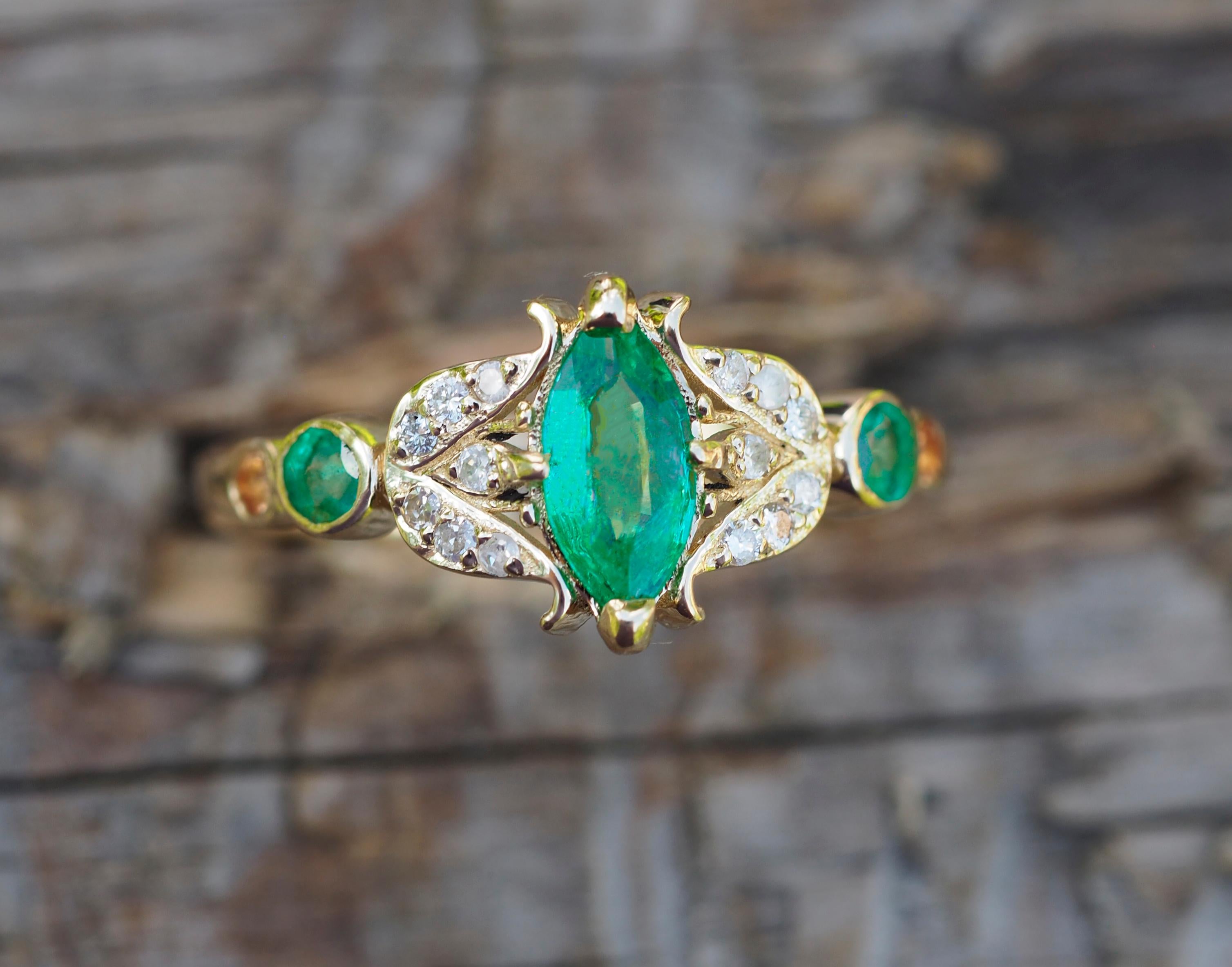 For Sale:  Gold Ring with Marquise Emerald. Vintage inspired emerald ring 3