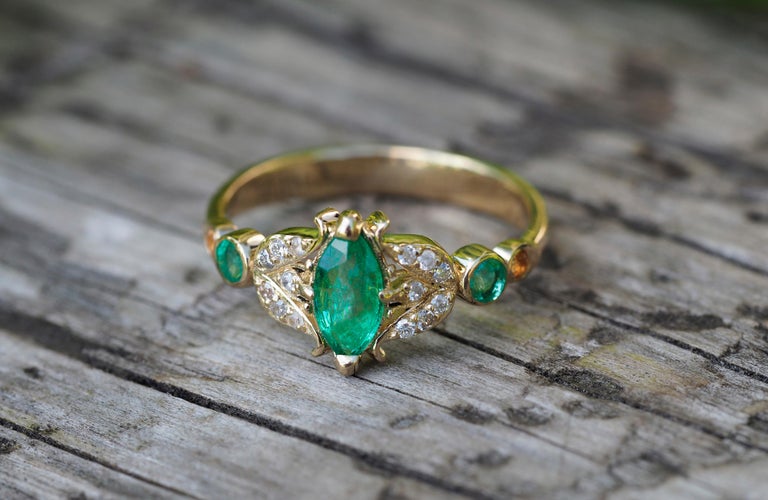 For Sale:  14 karat Gold Ring with Marquise Emerald. Vintage inspirired emerald ring. 9