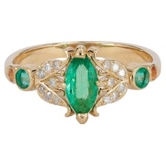 14 karat Gold Ring with Marquise Emerald. Vintage inspirired emerald ring.