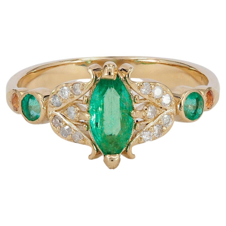 For Sale:  14 karat Gold Ring with Marquise Emerald. Vintage inspirired emerald ring.