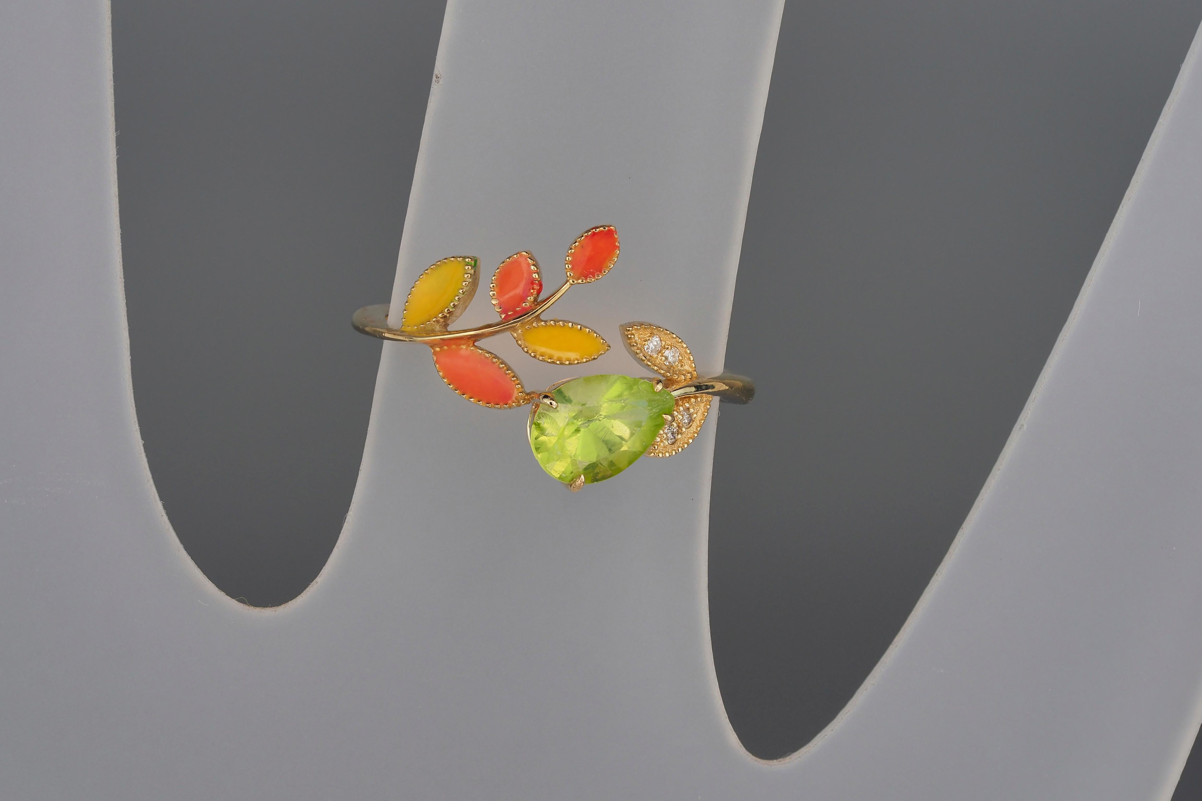 For Sale:  14k Gold Ring with Enamel Autumn Color Leaves with Peridot, Diamonds 10