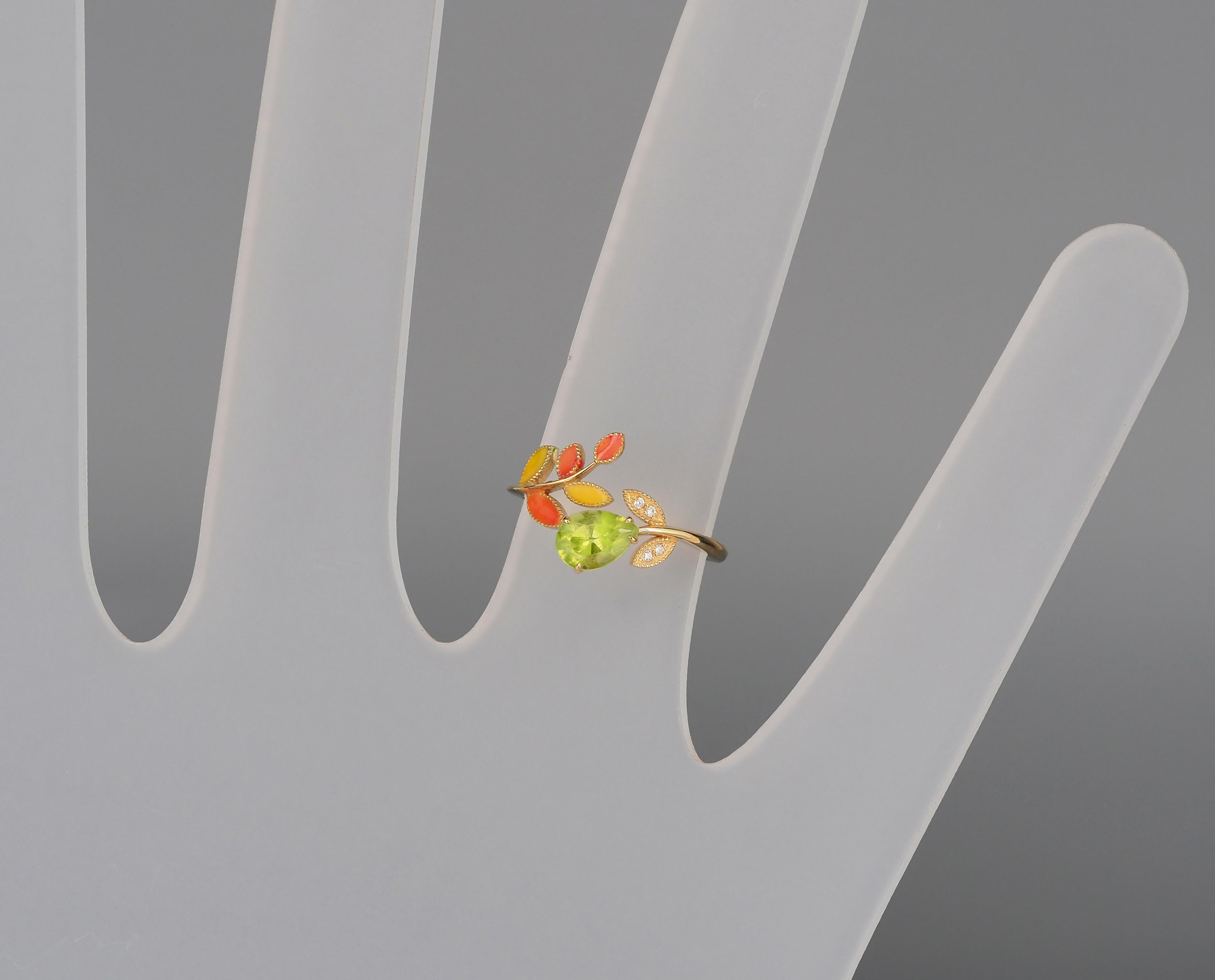 For Sale:  14k Gold Ring with Enamel Autumn Color Leaves with Peridot, Diamonds 11
