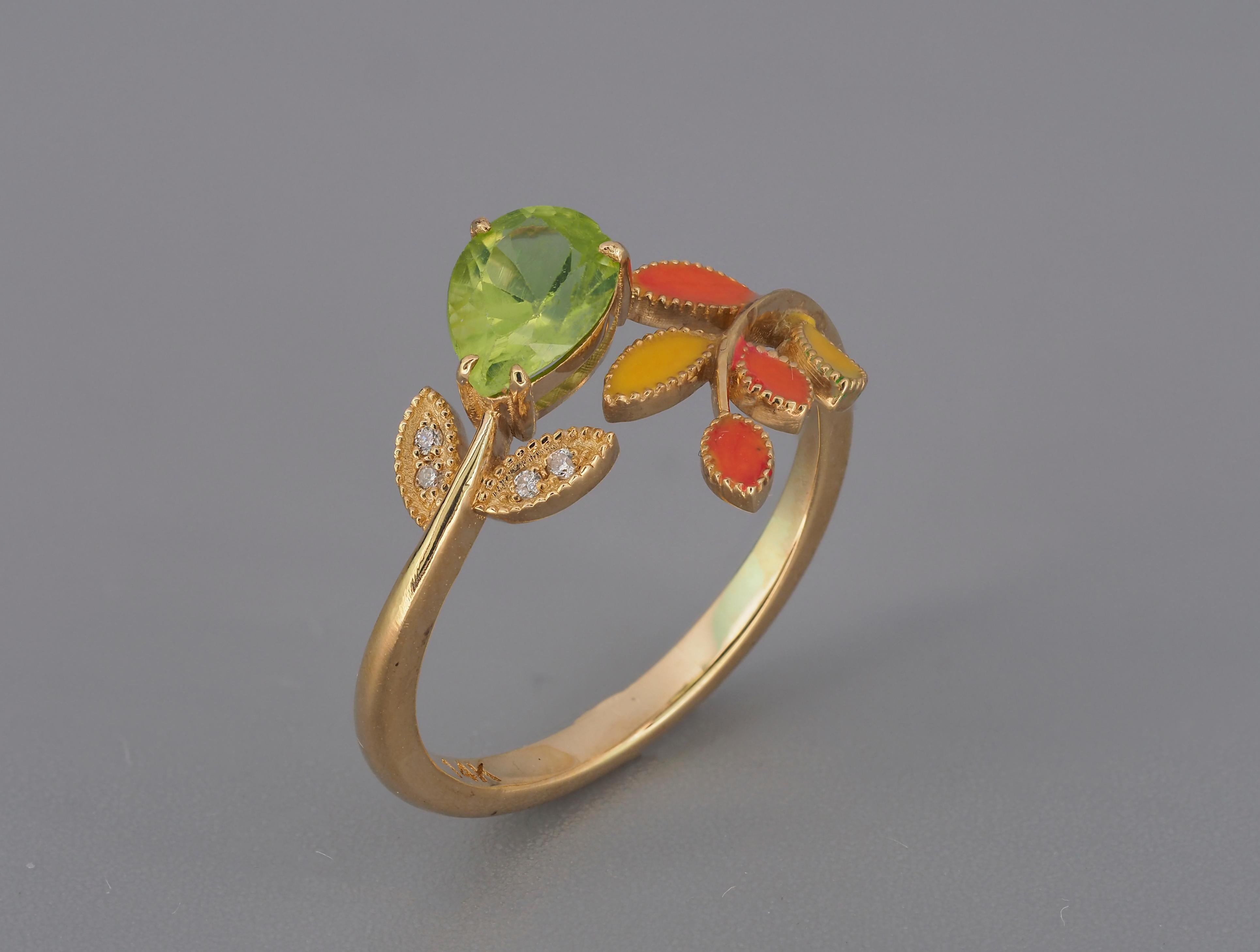 For Sale:  14k Gold Ring with Enamel Autumn Color Leaves with Peridot, Diamonds 12