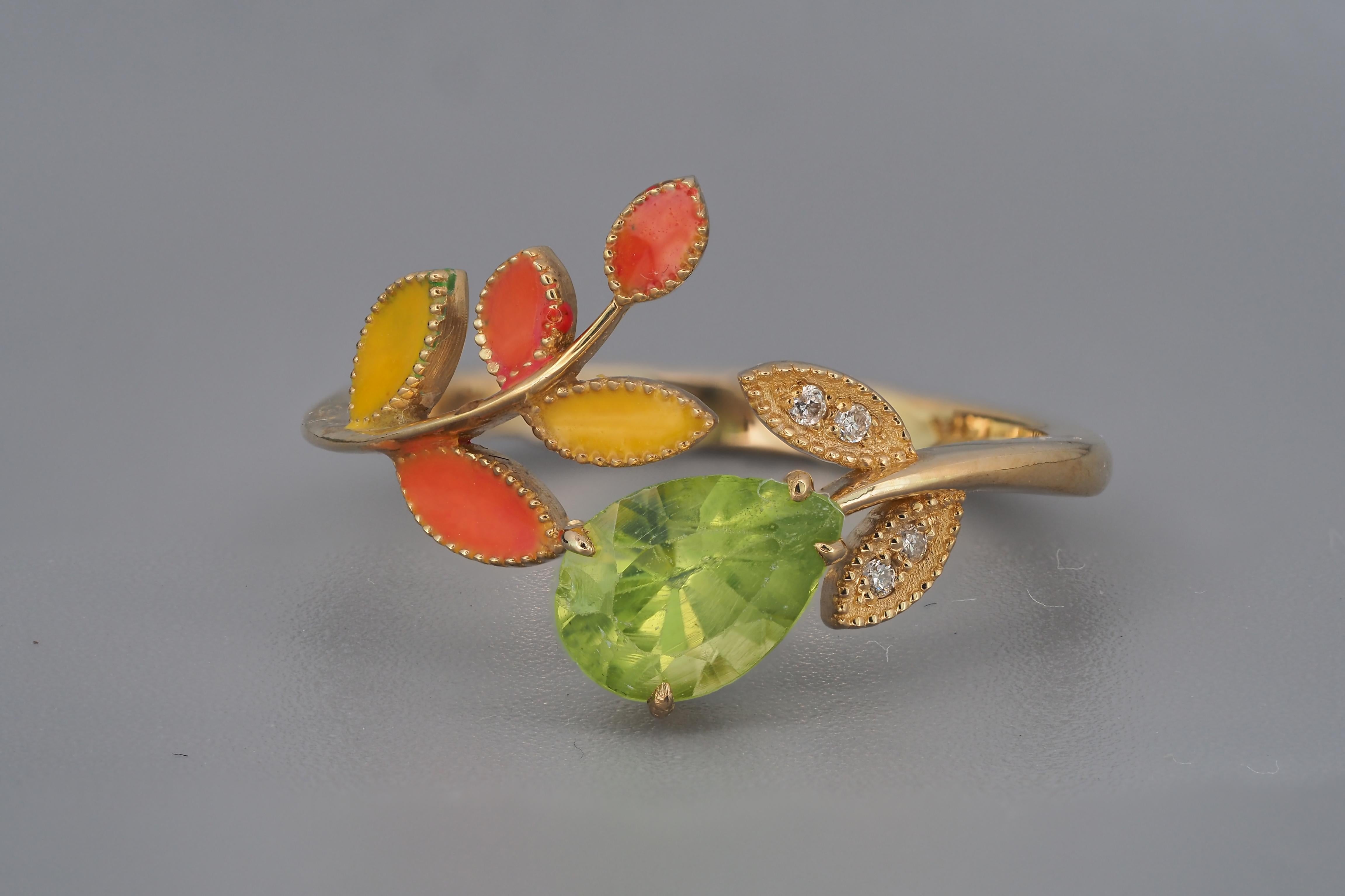 For Sale:  14k Gold Ring with Enamel Autumn Color Leaves with Peridot, Diamonds 2