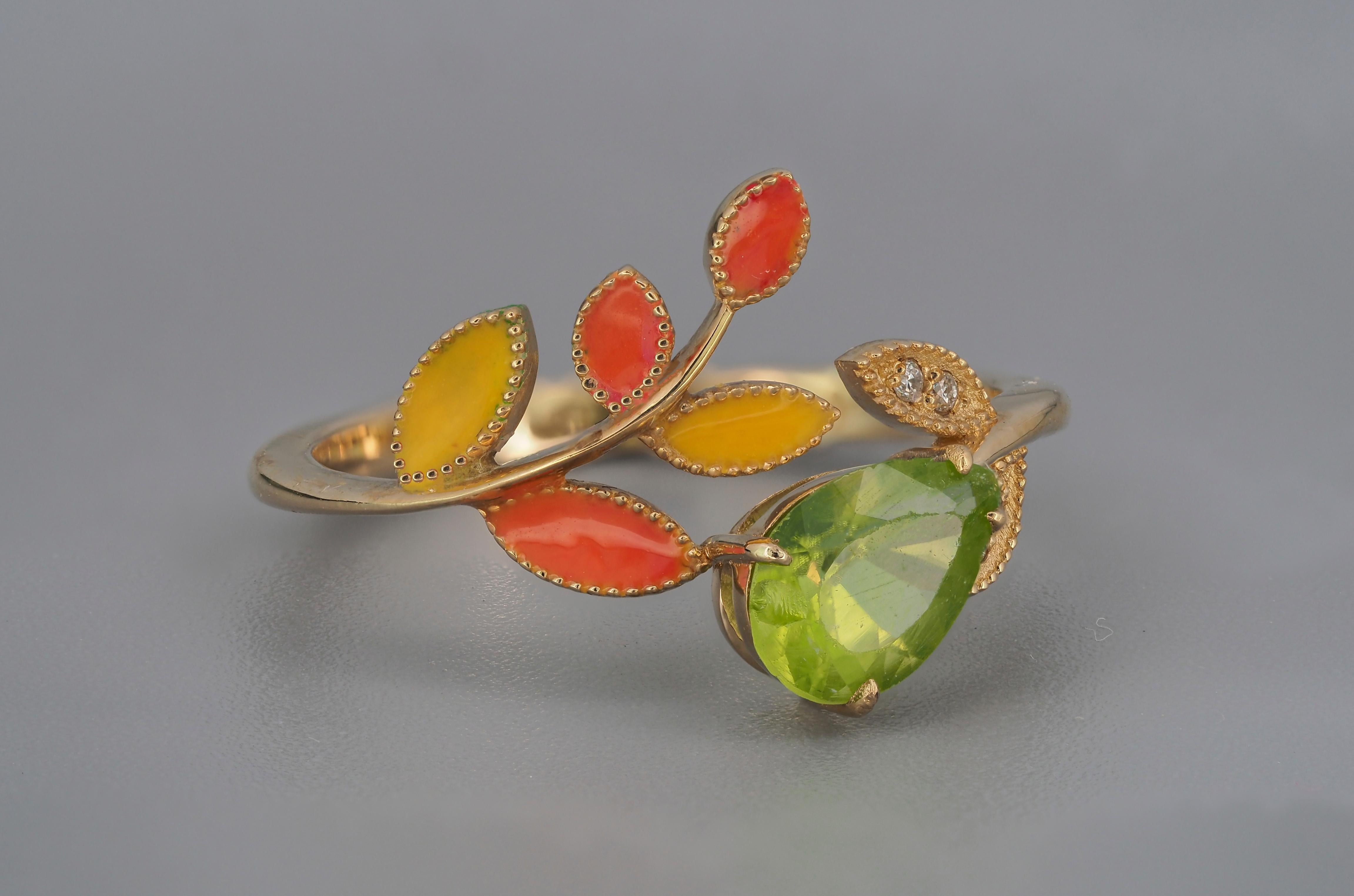 For Sale:  14k Gold Ring with Enamel Autumn Color Leaves with Peridot, Diamonds 3