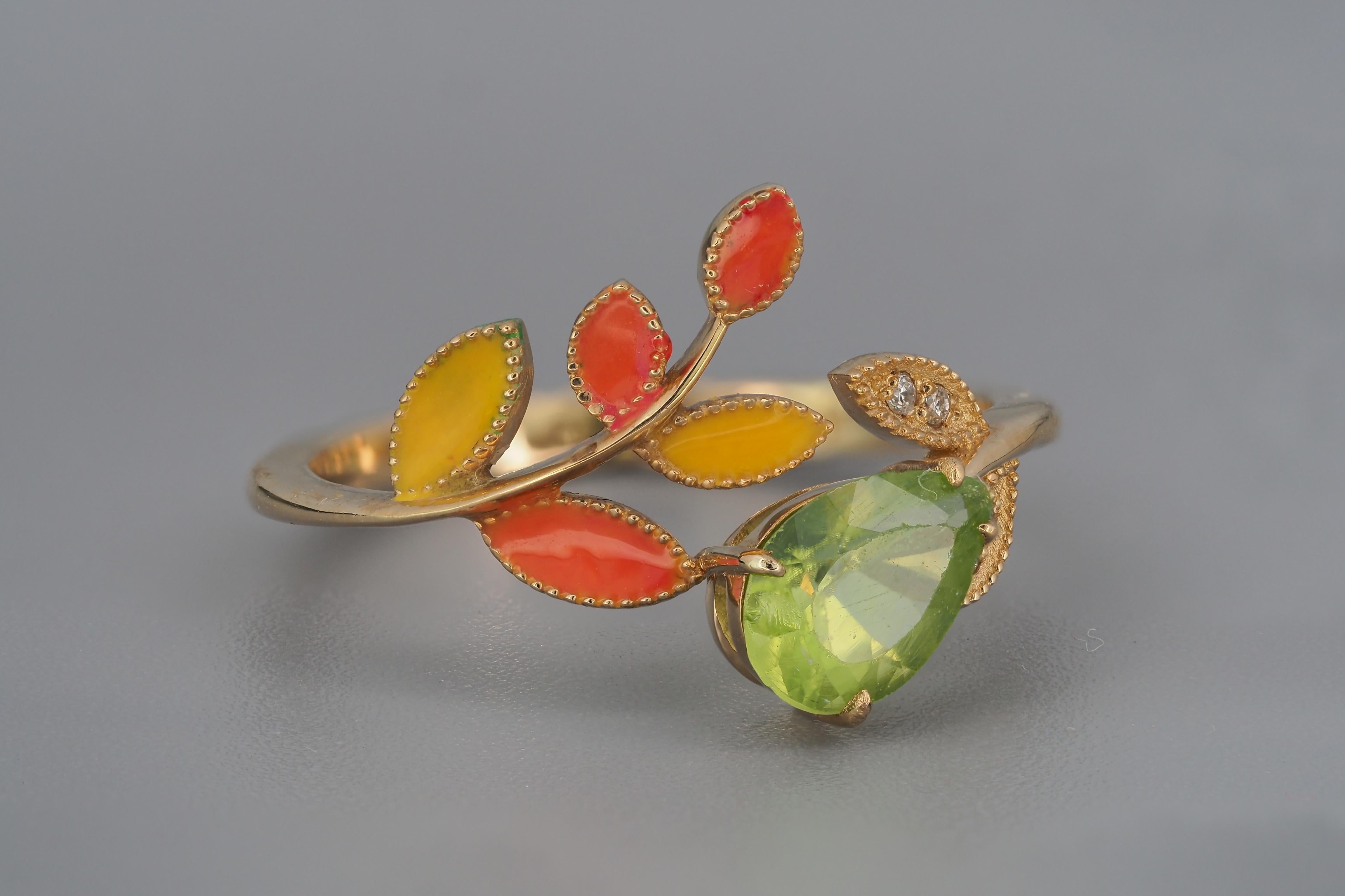 For Sale:  14k Gold Ring with Enamel Autumn Color Leaves with Peridot, Diamonds 4