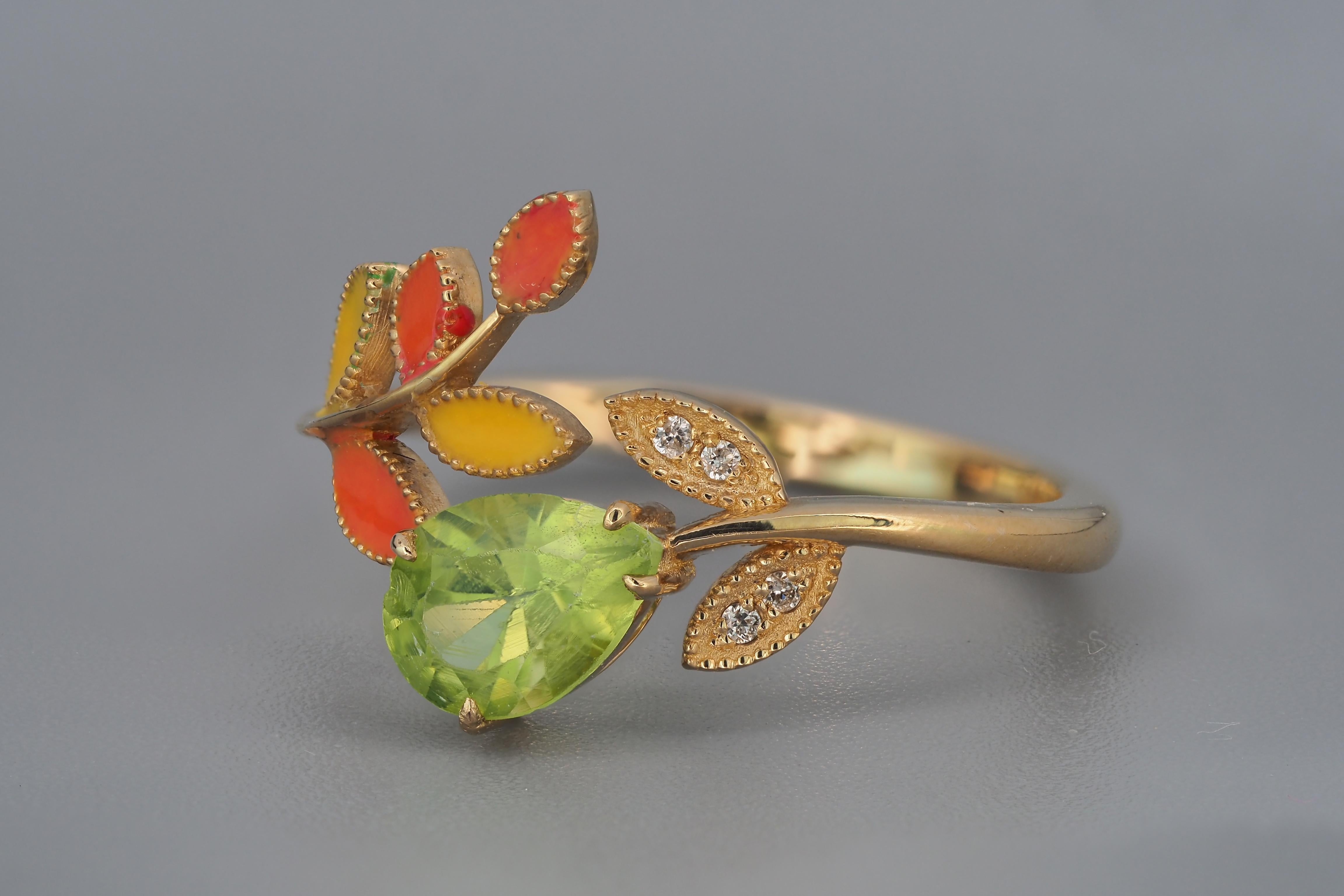 For Sale:  14k Gold Ring with Enamel Autumn Color Leaves with Peridot, Diamonds 5
