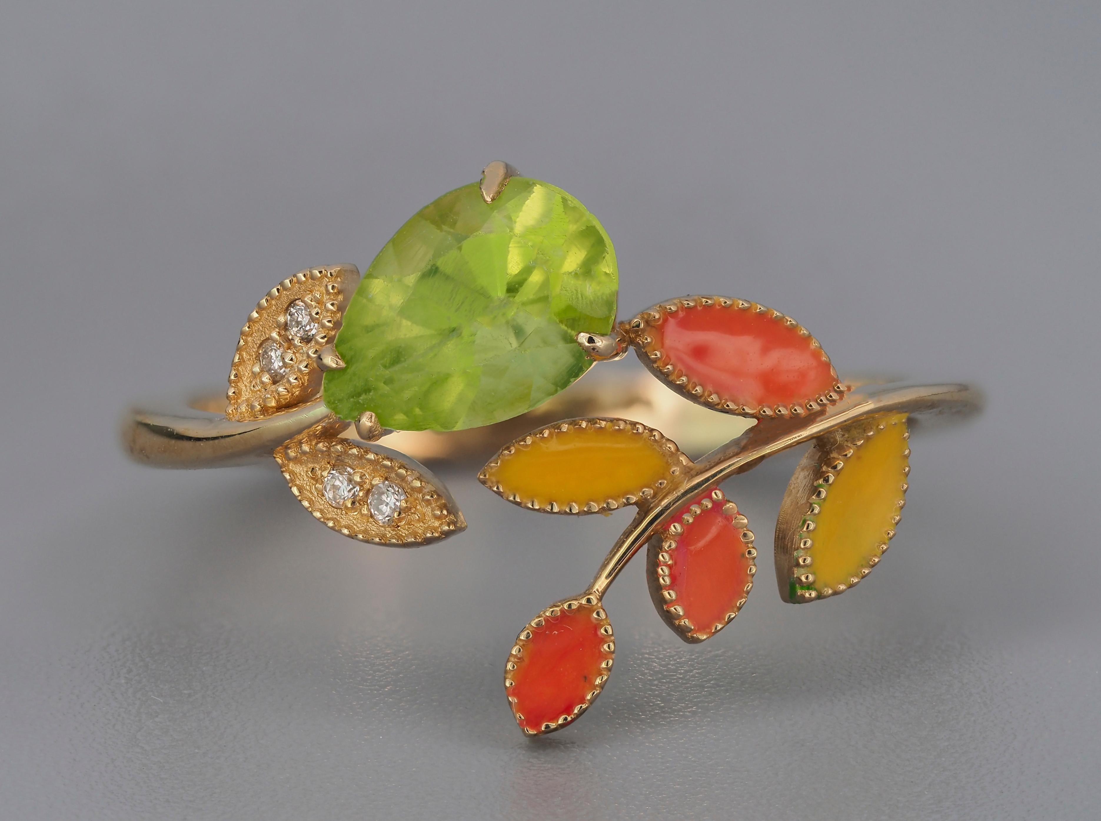 For Sale:  14k Gold Ring with Enamel Autumn Color Leaves with Peridot, Diamonds 6