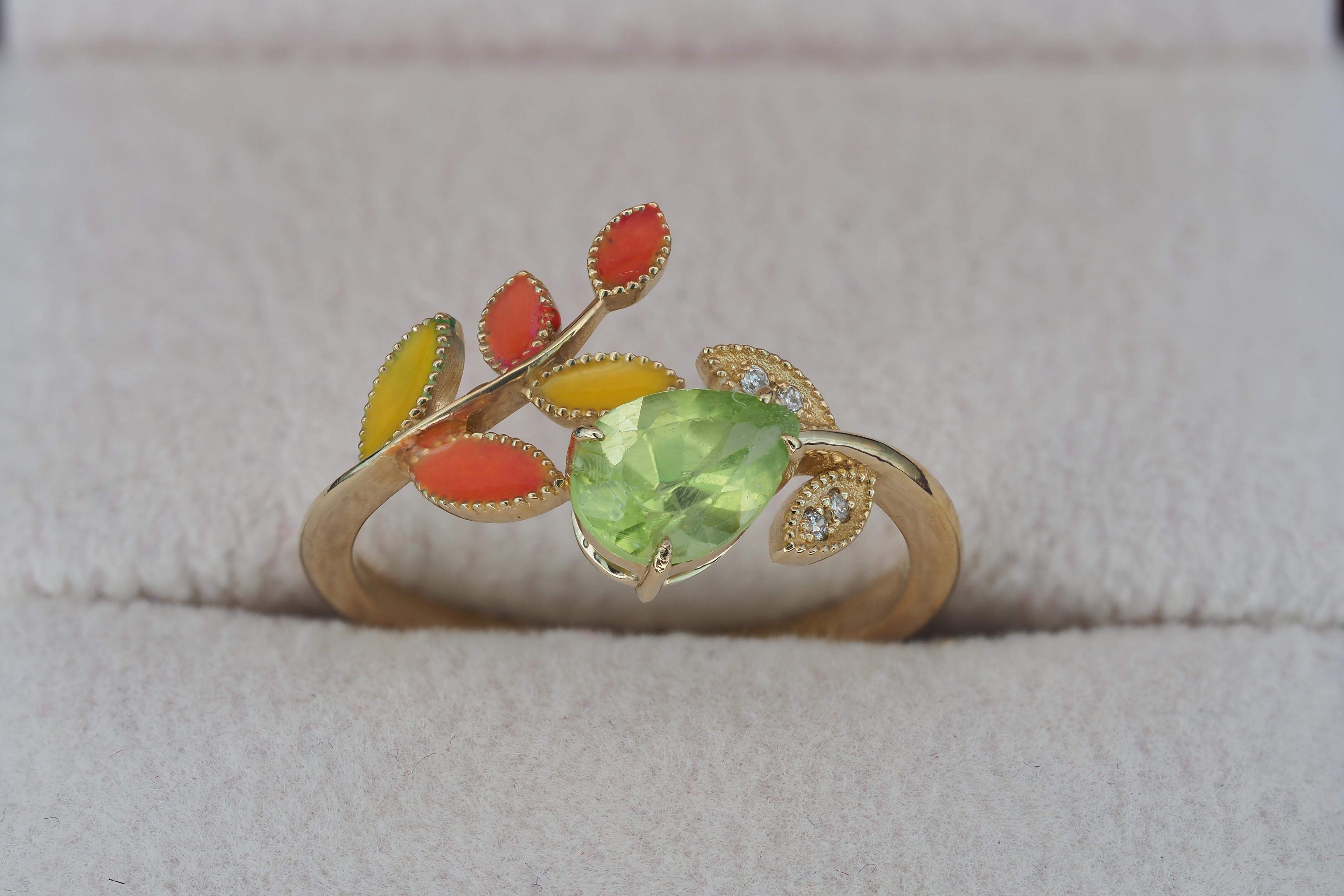 For Sale:  14k Gold Ring with Enamel Autumn Color Leaves with Peridot, Diamonds 7