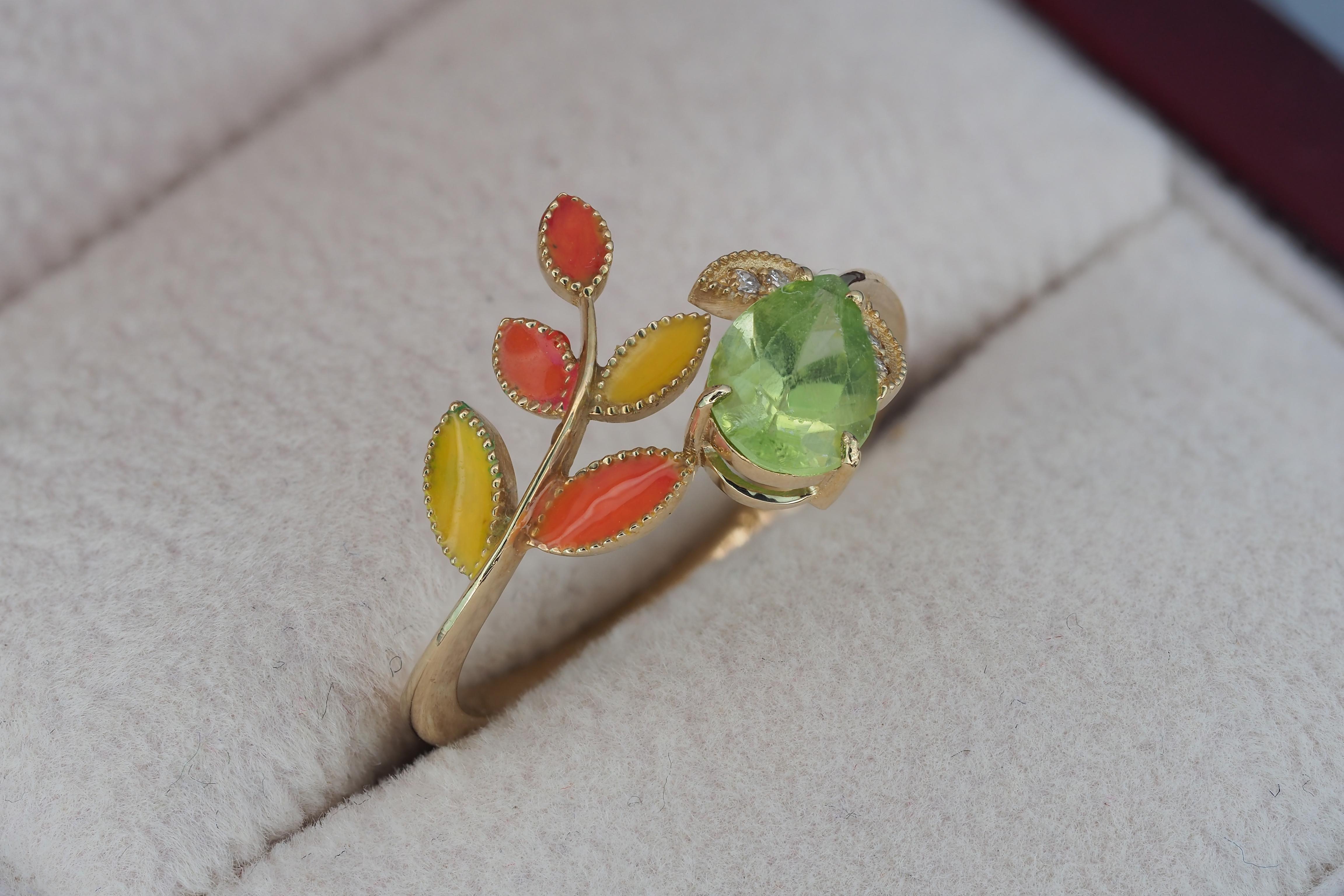 For Sale:  14k Gold Ring with Enamel Autumn Color Leaves with Peridot, Diamonds 8