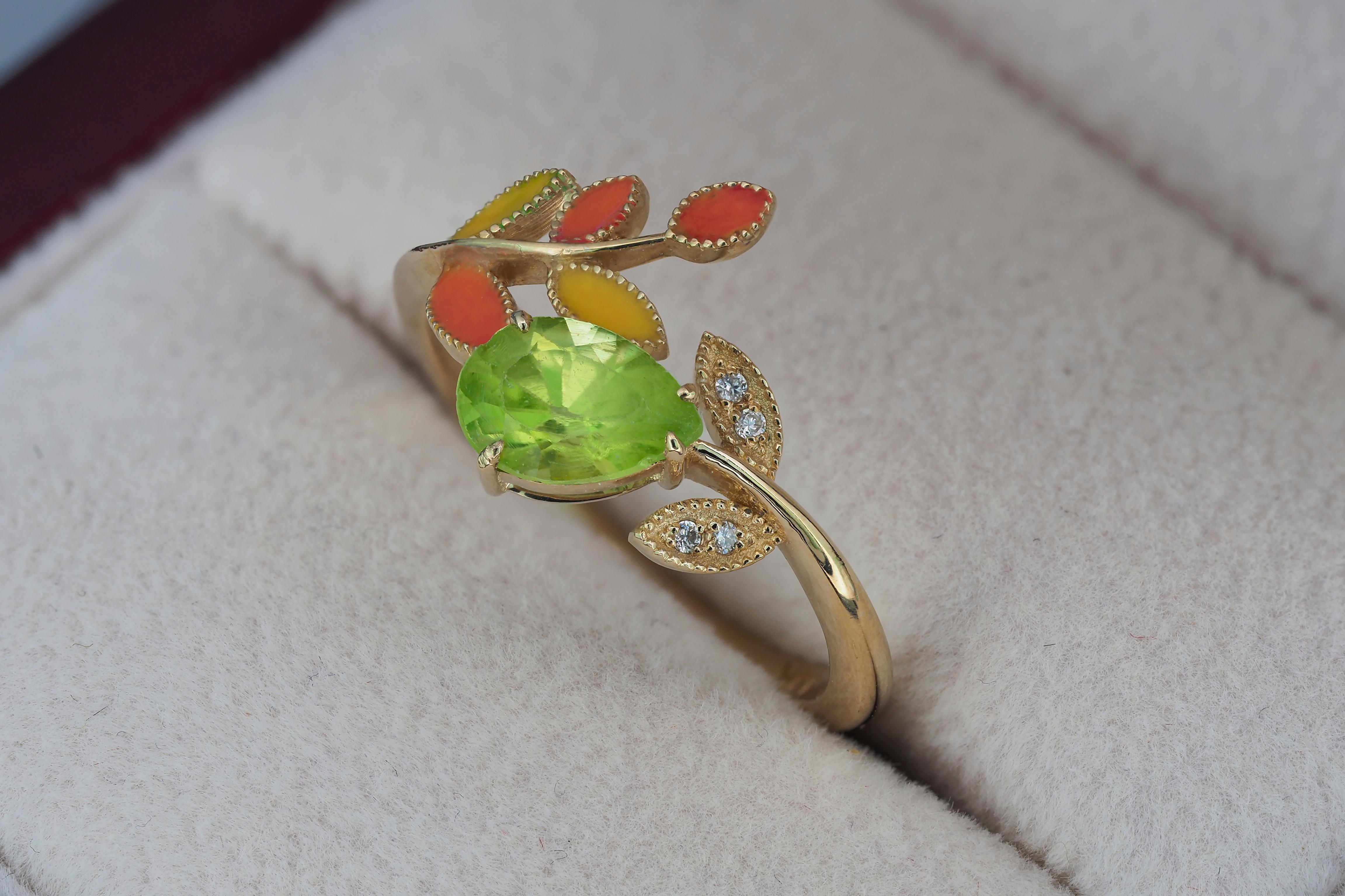 For Sale:  14k Gold Ring with Enamel Autumn Color Leaves with Peridot, Diamonds 9