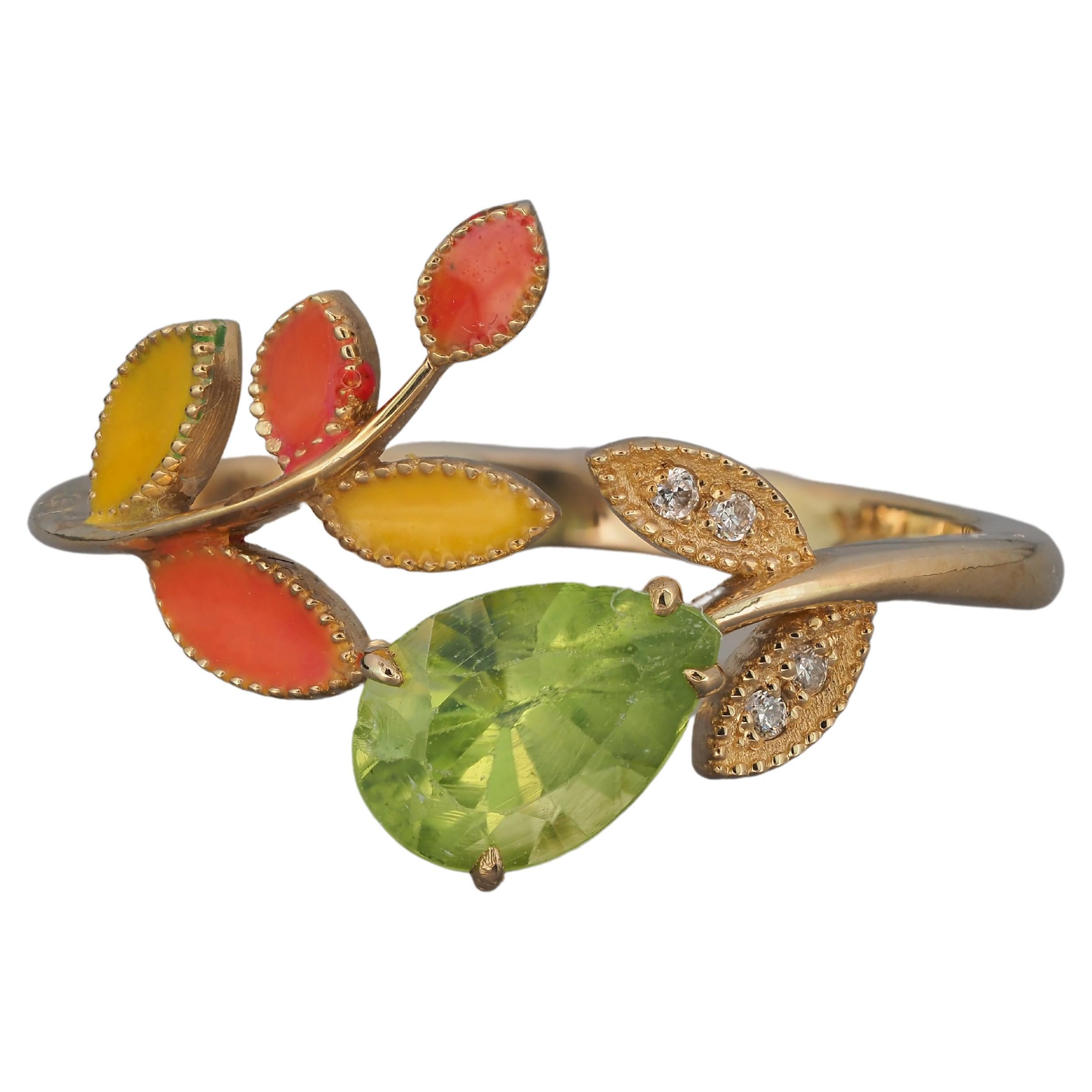 For Sale:  14k Gold Ring with Enamel Autumn Color Leaves with Peridot, Diamonds