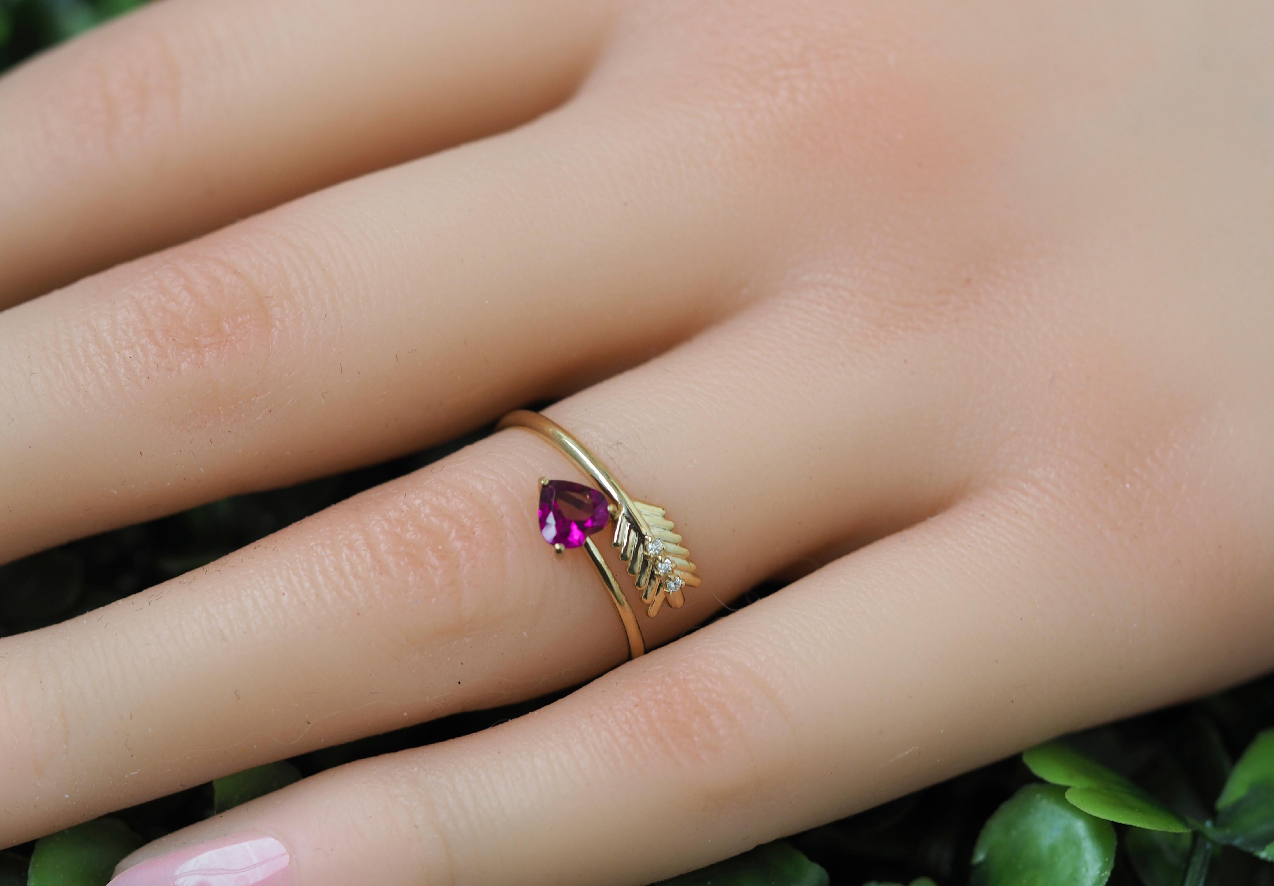 For Sale:  14k Gold Ring with Heart Garnet, Heart and Arrow Gold Ring with Diamonds 10