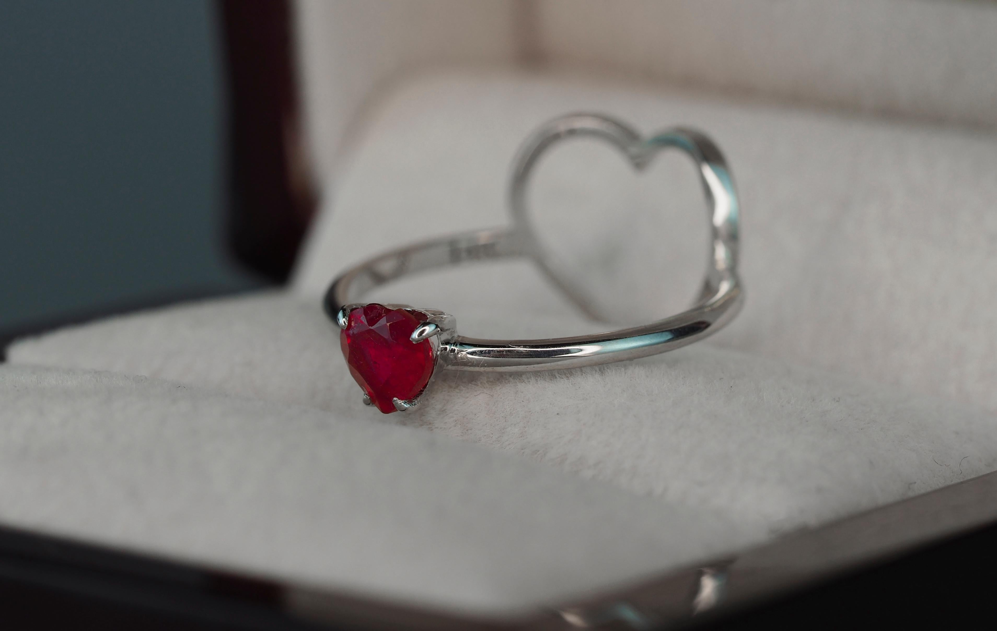 14k Gold Ring with Heart Ruby and Diamonds, July Birthstone Ruby Ring 4