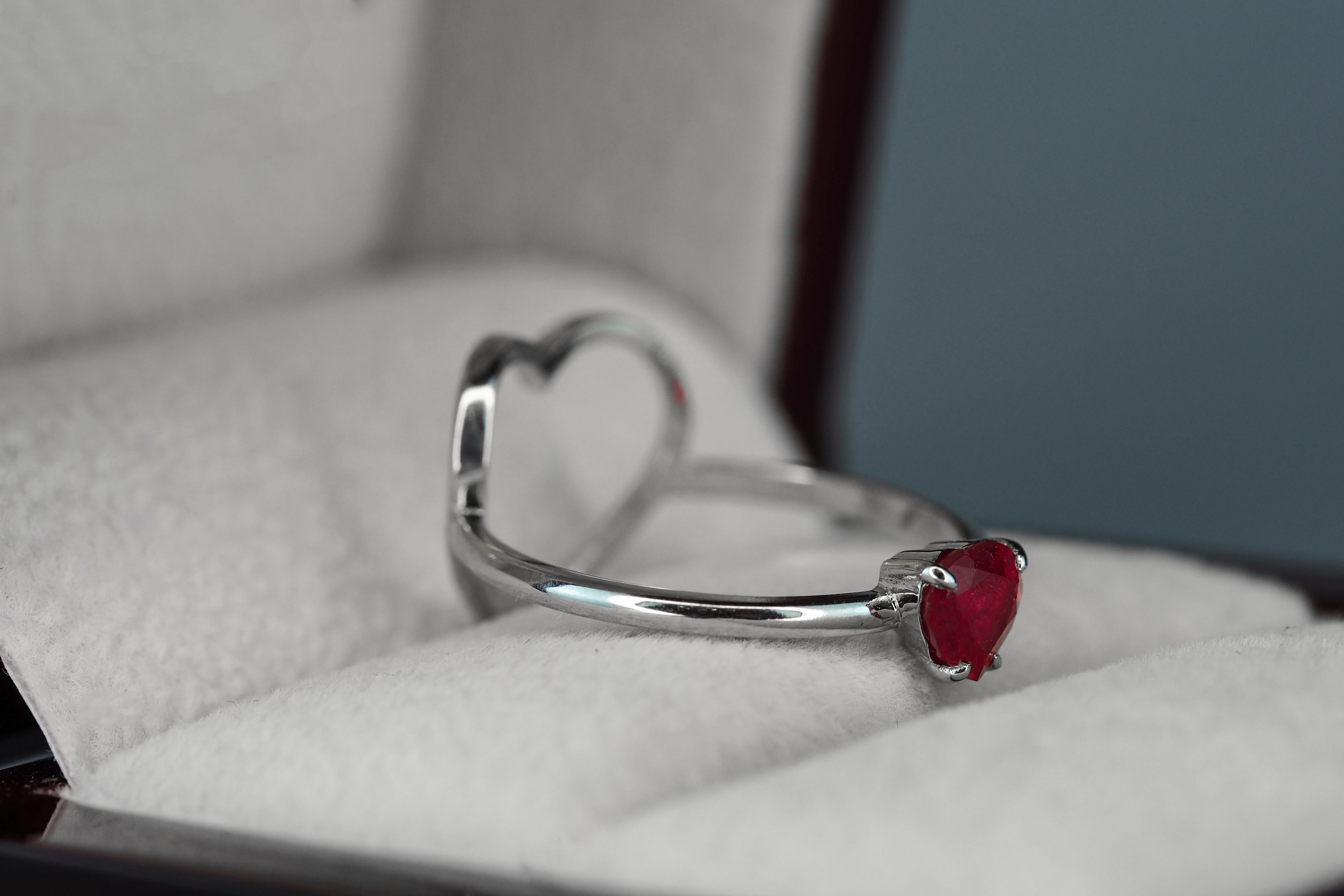 14k Gold Ring with Heart Ruby and Diamonds, July Birthstone Ruby Ring 5