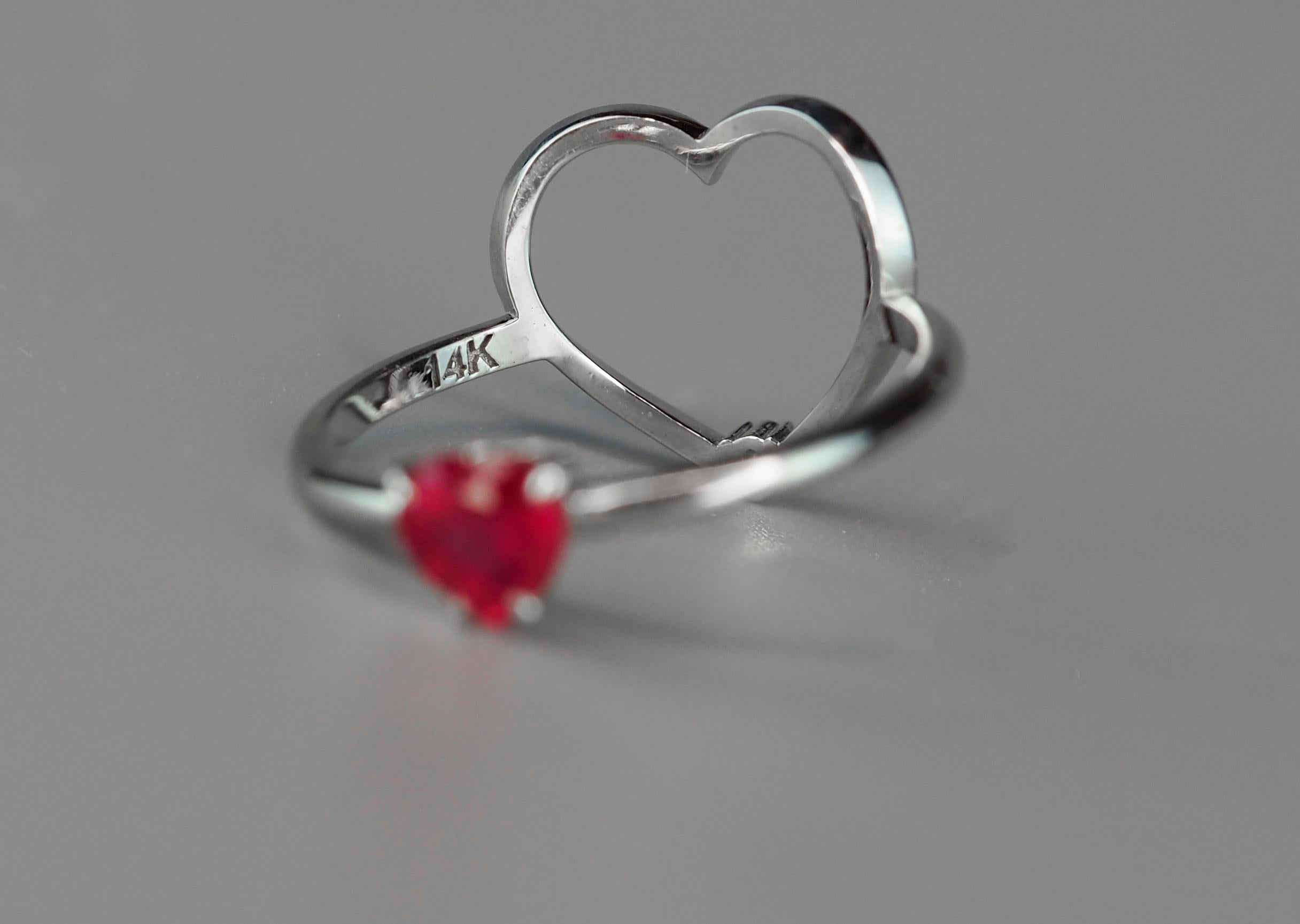 14k Gold Ring with Heart Ruby and Diamonds, July Birthstone Ruby Ring 6