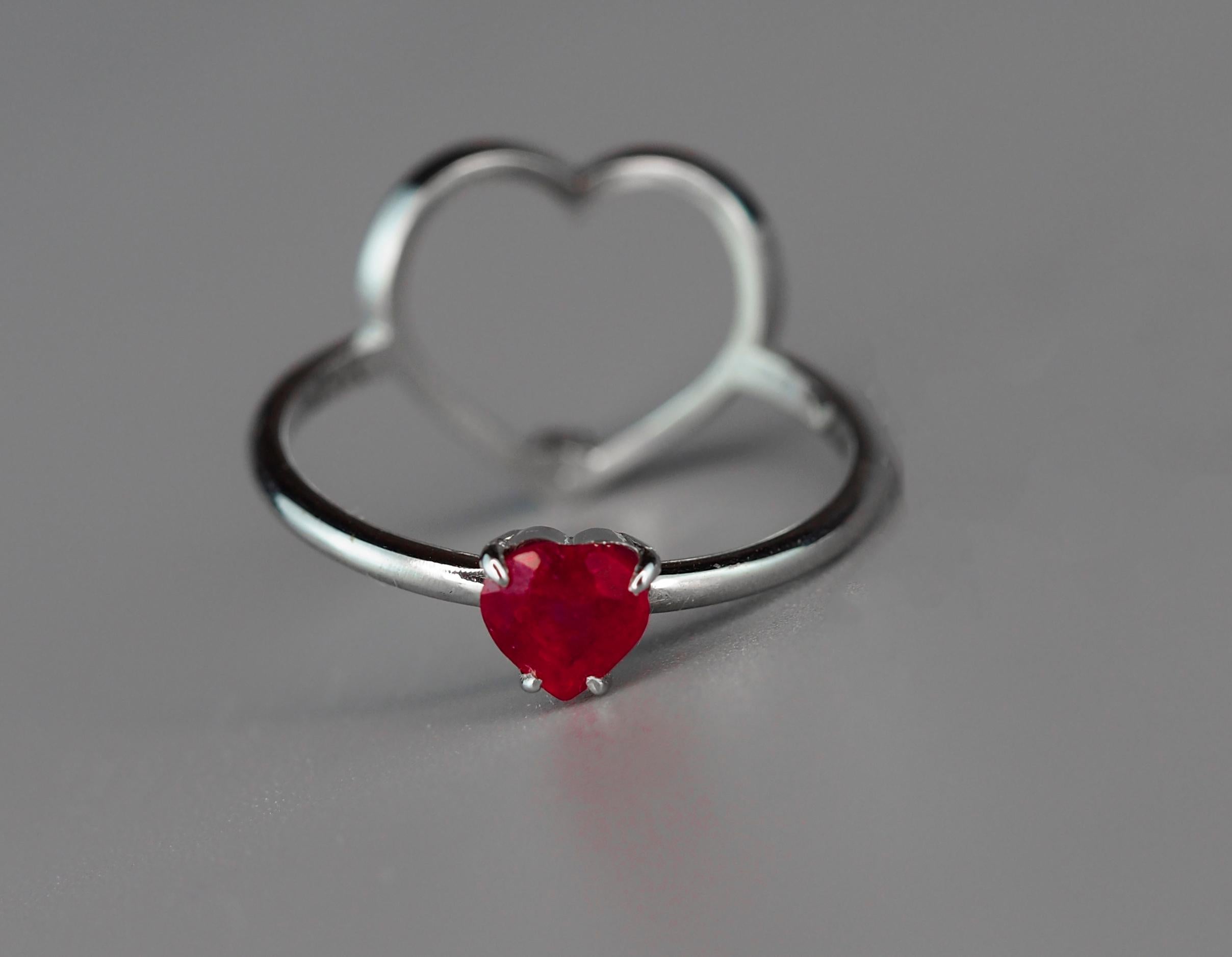 14k Gold Ring with Heart Ruby and Diamonds, July Birthstone Ruby Ring 7