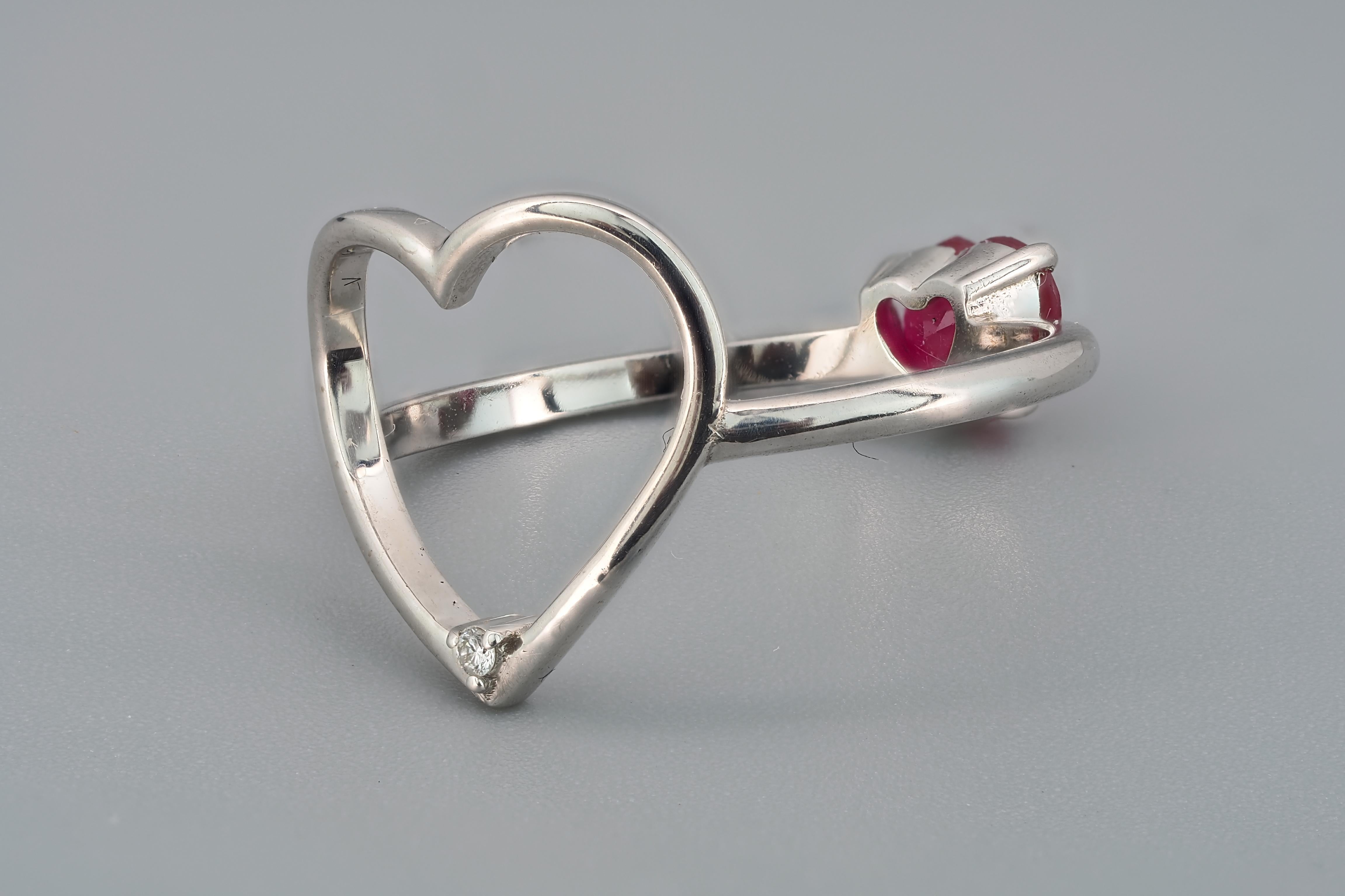 Modern 14k Gold Ring with Heart Ruby and Diamonds, July Birthstone Ruby Ring