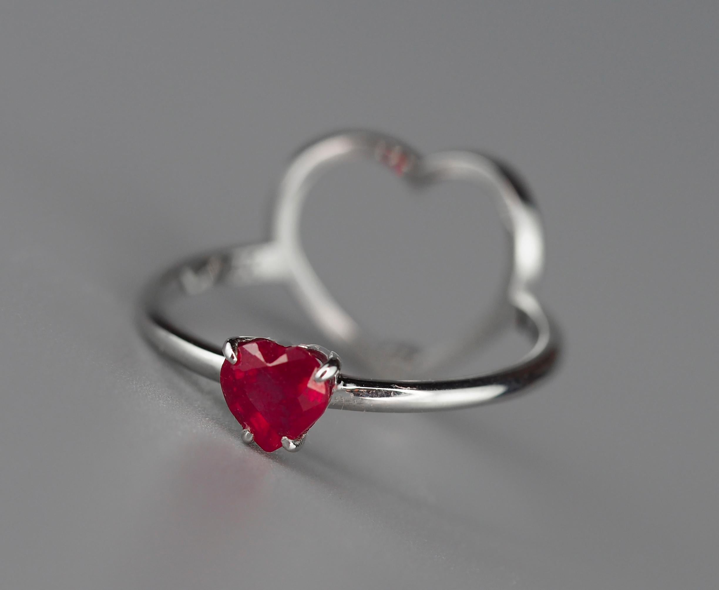 14k Gold Ring with Heart Ruby and Diamonds, July Birthstone Ruby Ring 1