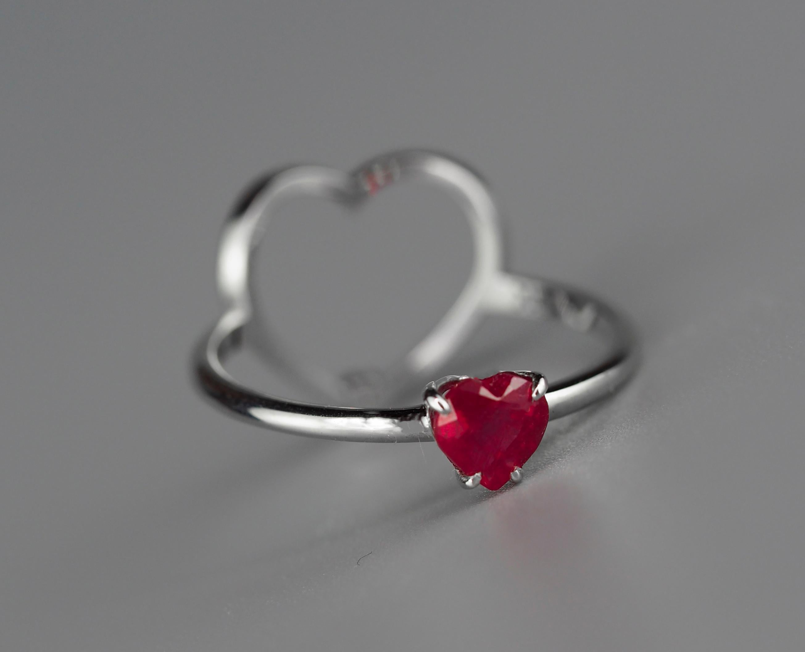 14k Gold Ring with Heart Ruby and Diamonds, July Birthstone Ruby Ring 2