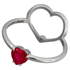 14k Gold Ring with Heart Ruby and Diamonds, July Birthstone Ruby Ring