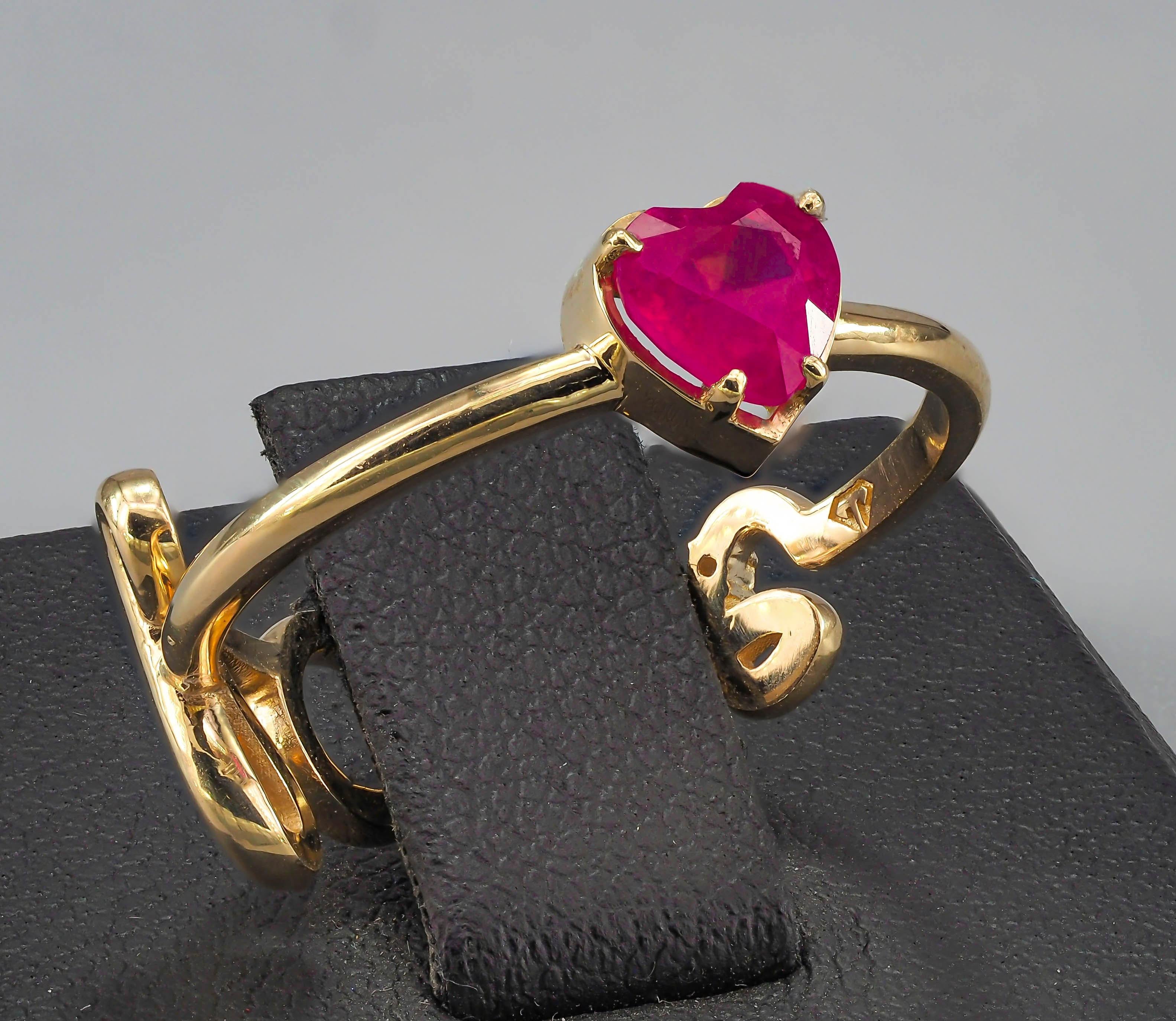 For Sale:  14k Gold Ring with Heart Ruby and Diamonds 11