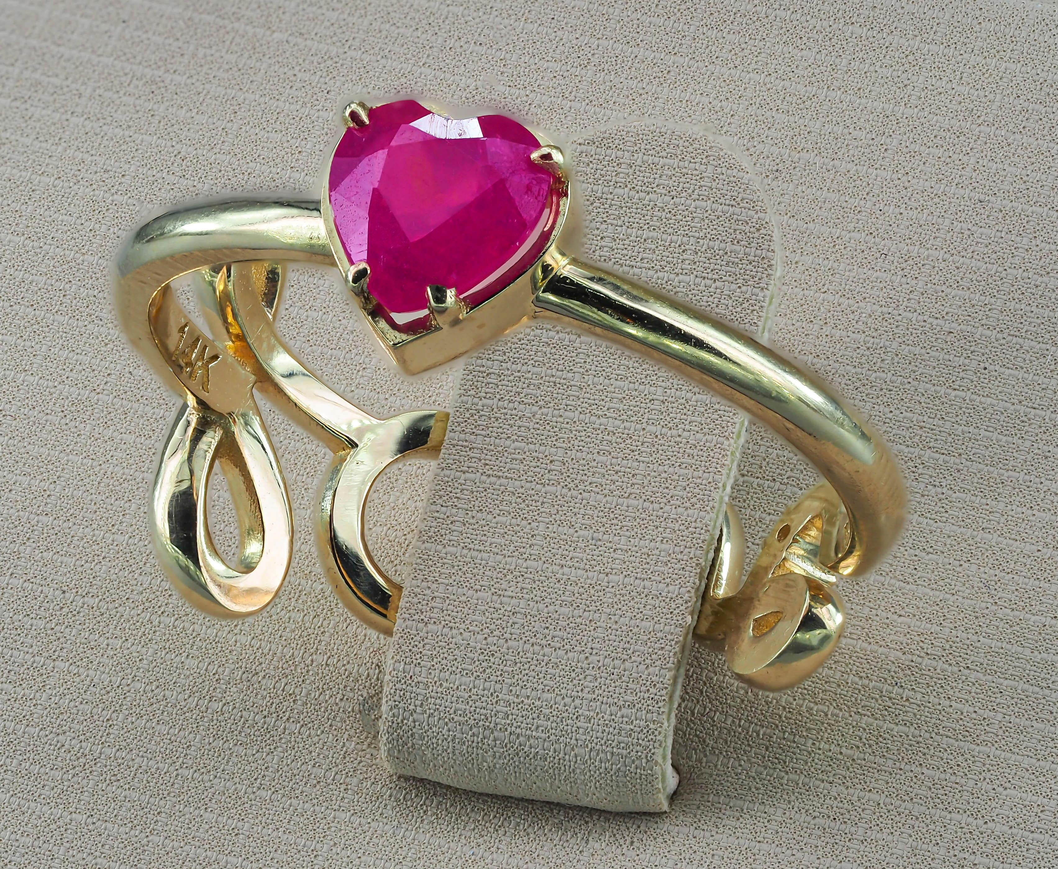 For Sale:  14k Gold Ring with Heart Ruby and Diamonds 12