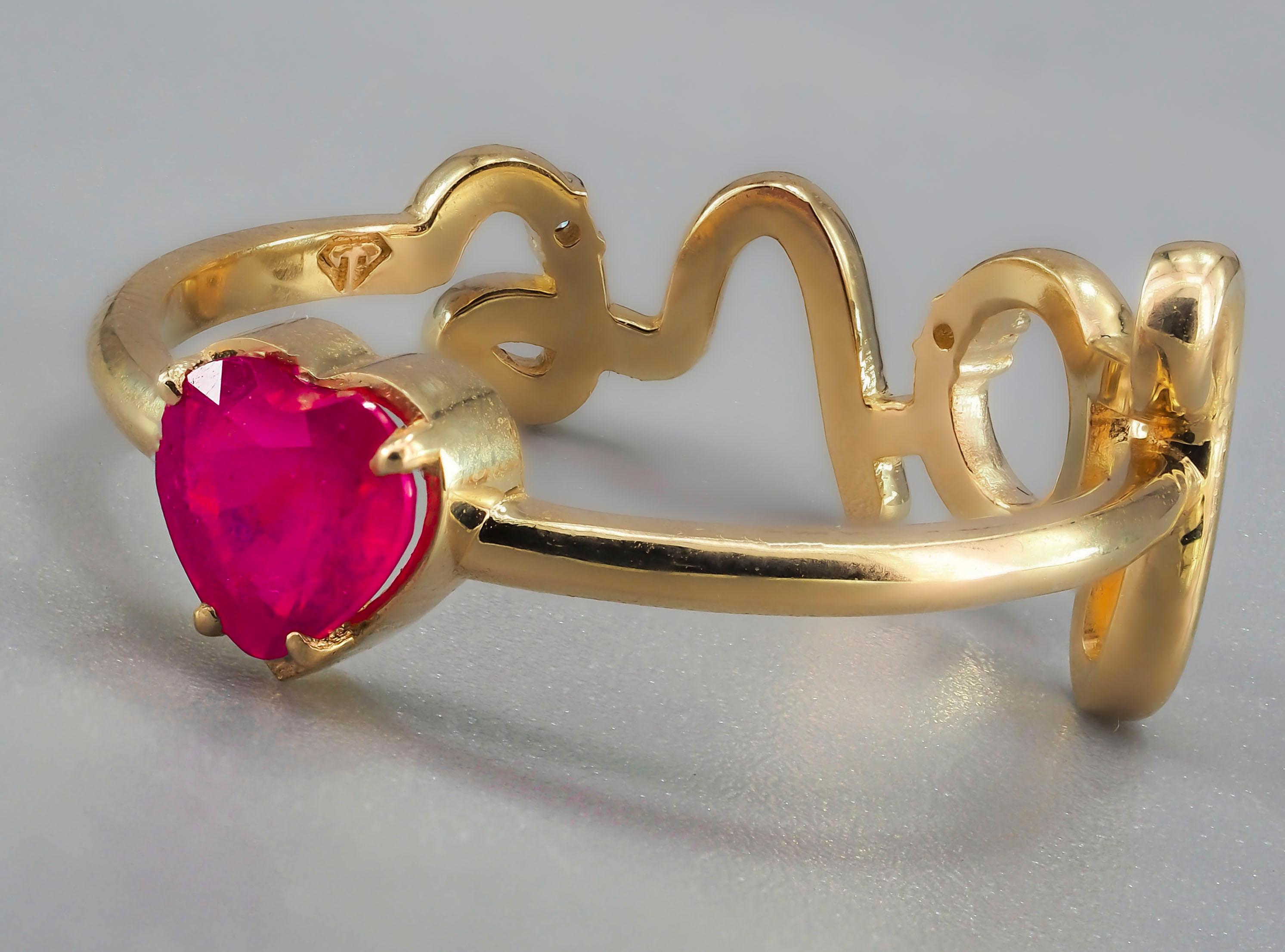 For Sale:  14k Gold Ring with Heart Ruby and Diamonds 14