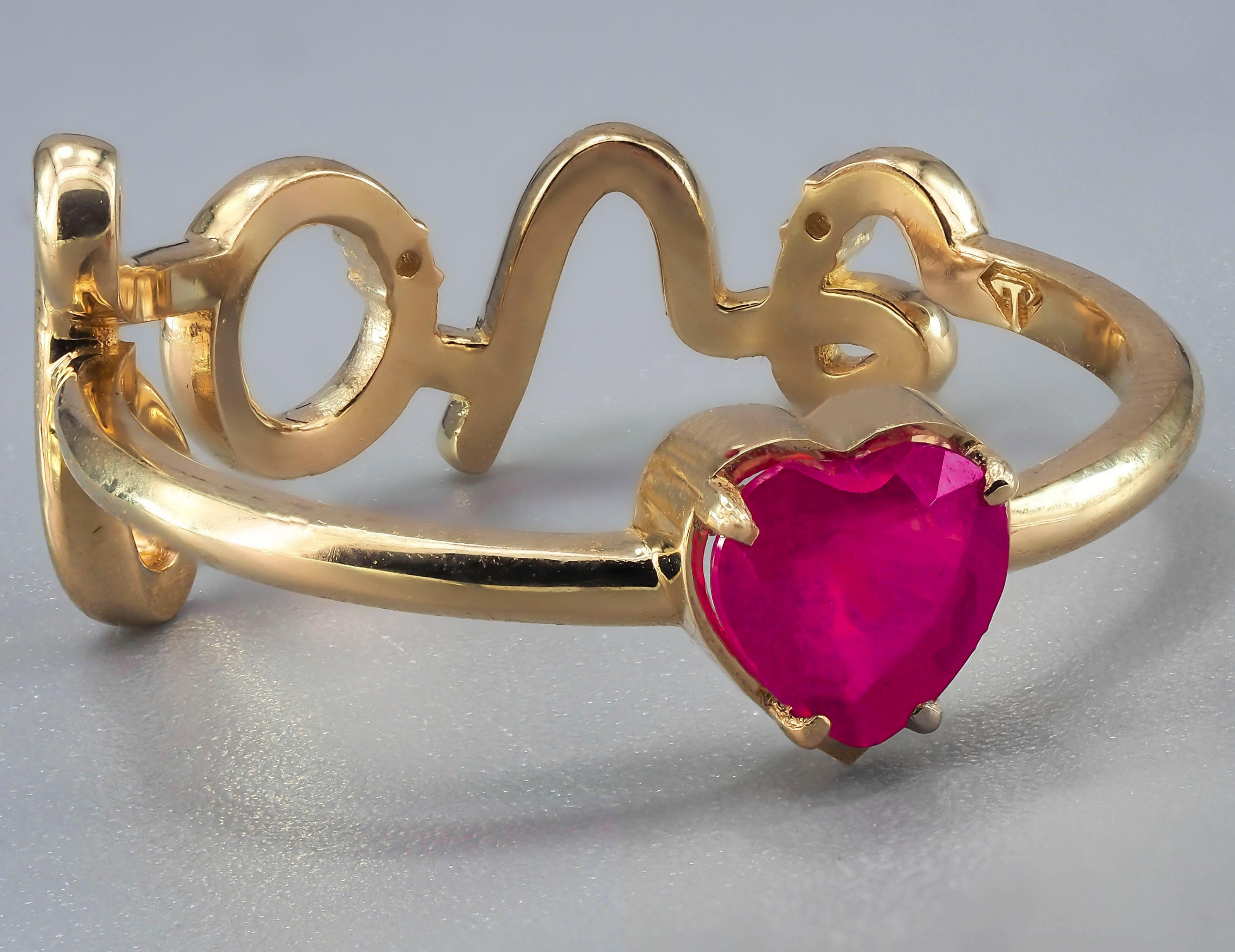 For Sale:  14k Gold Ring with Heart Ruby and Diamonds 15