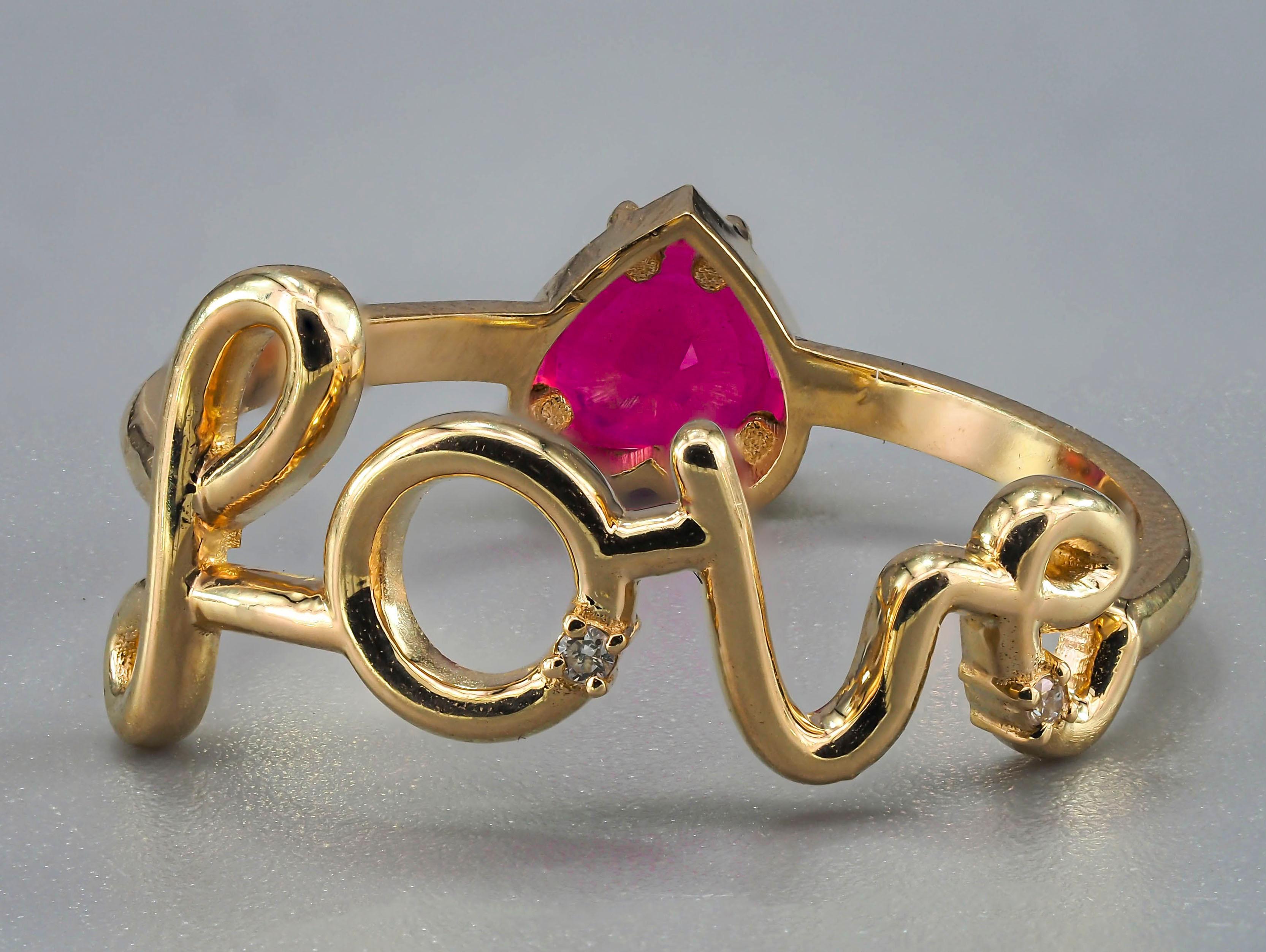 For Sale:  14k Gold Ring with Heart Ruby and Diamonds 16