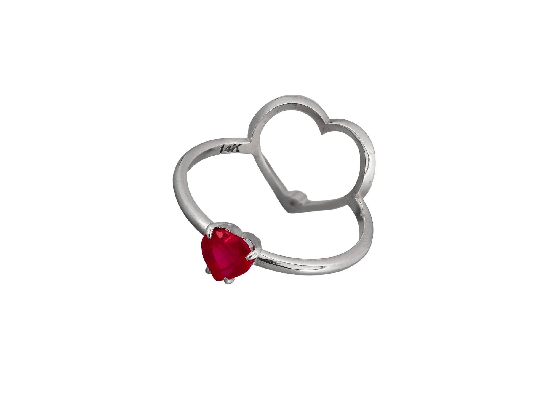 For Sale:  14k Gold Ring with Heart Ruby and Diamonds. July birthstone ruby ring 15