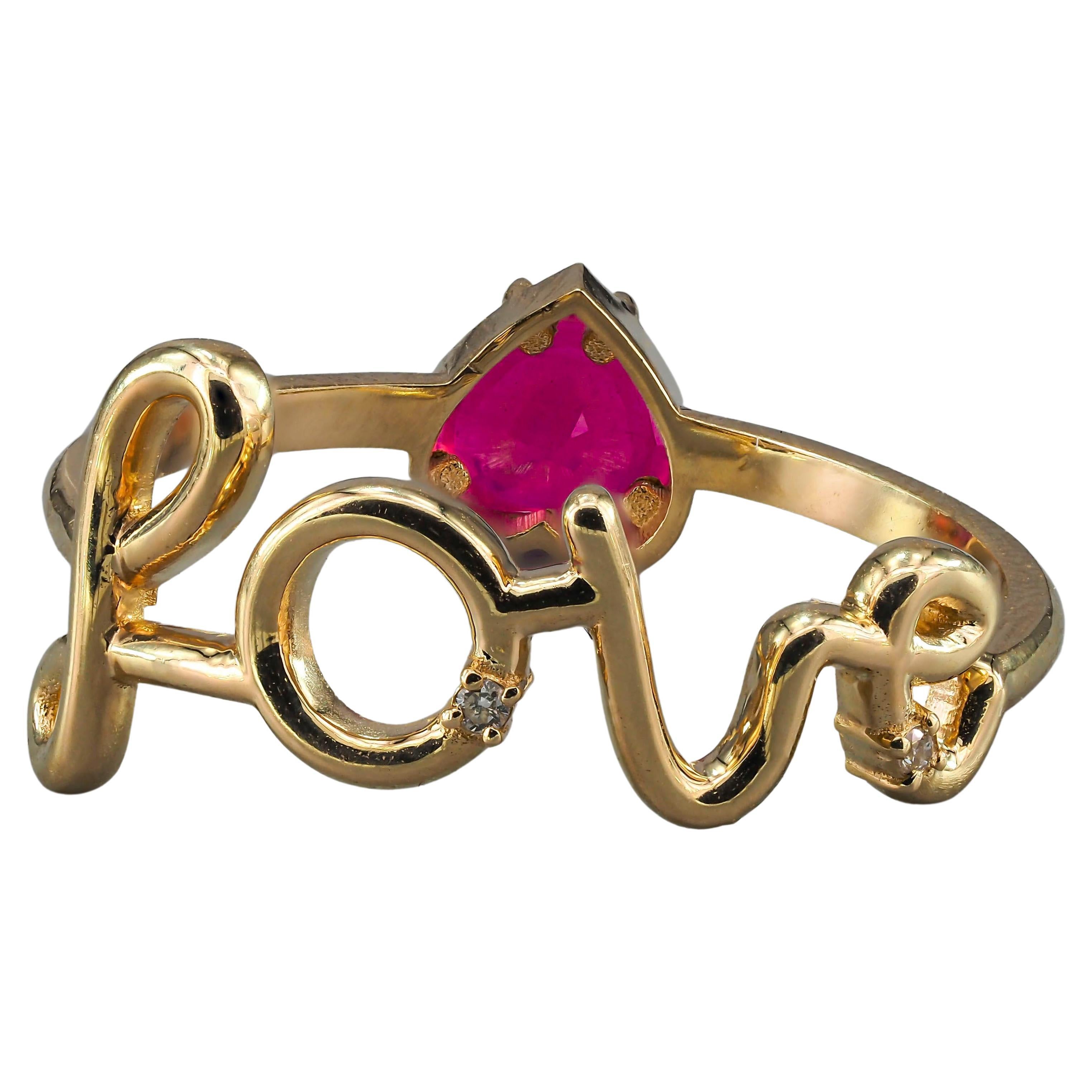 For Sale:  14k Gold Ring with Heart Ruby and Diamonds 2
