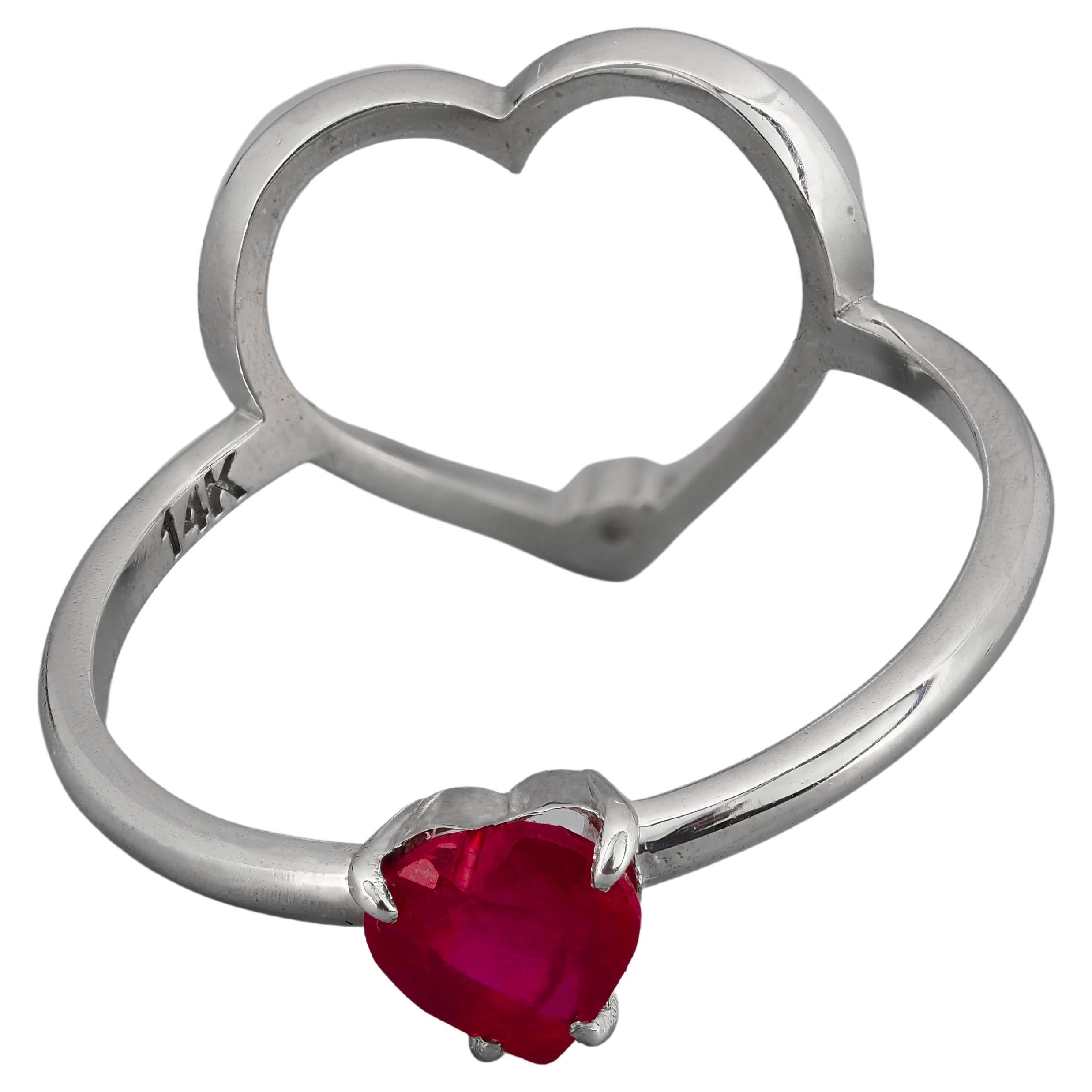 For Sale:  14k Gold Ring with Heart Ruby and Diamonds. July birthstone ruby ring 3