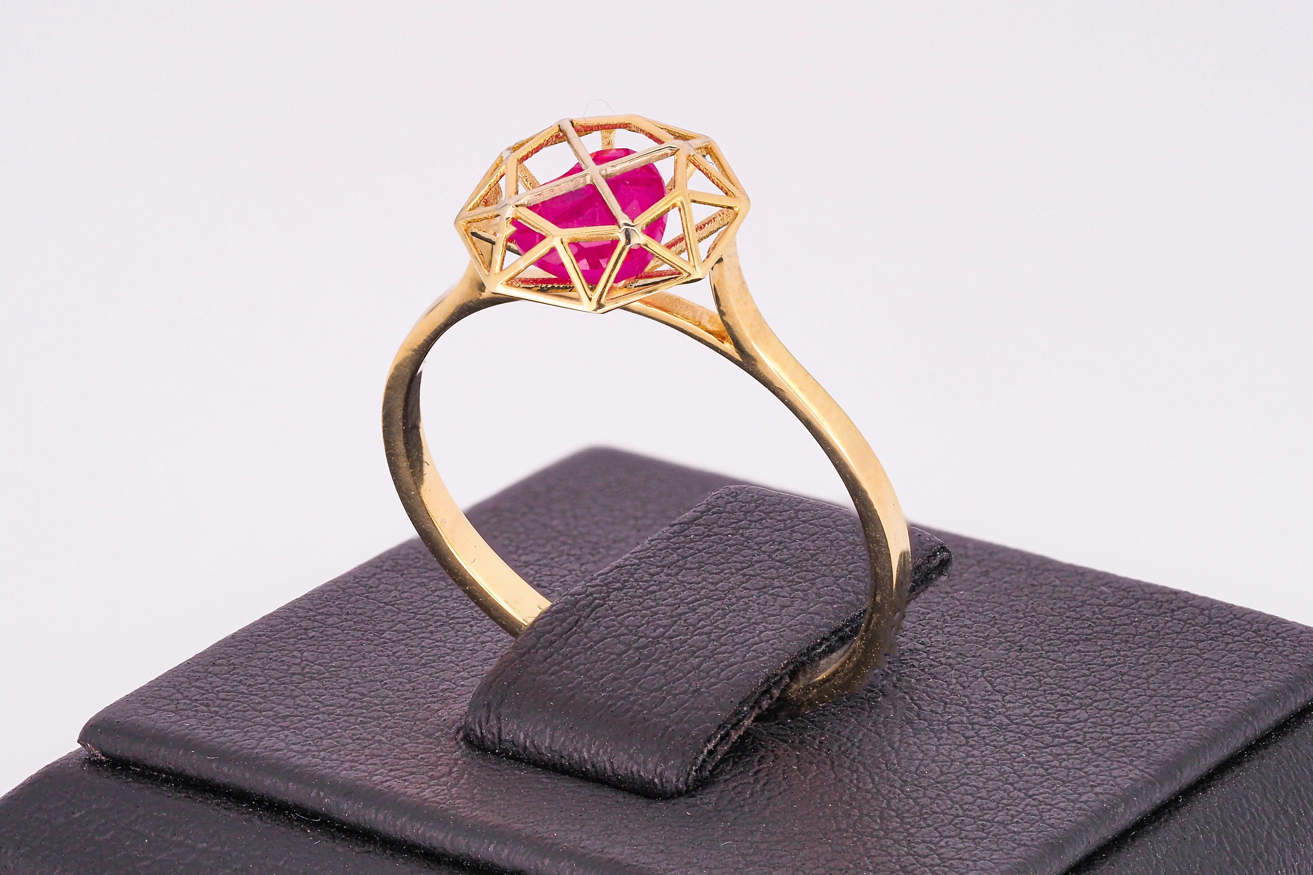For Sale:  14 karat Gold Ring with Heart Ruby. July birthstone ruby ring. Love ring 3