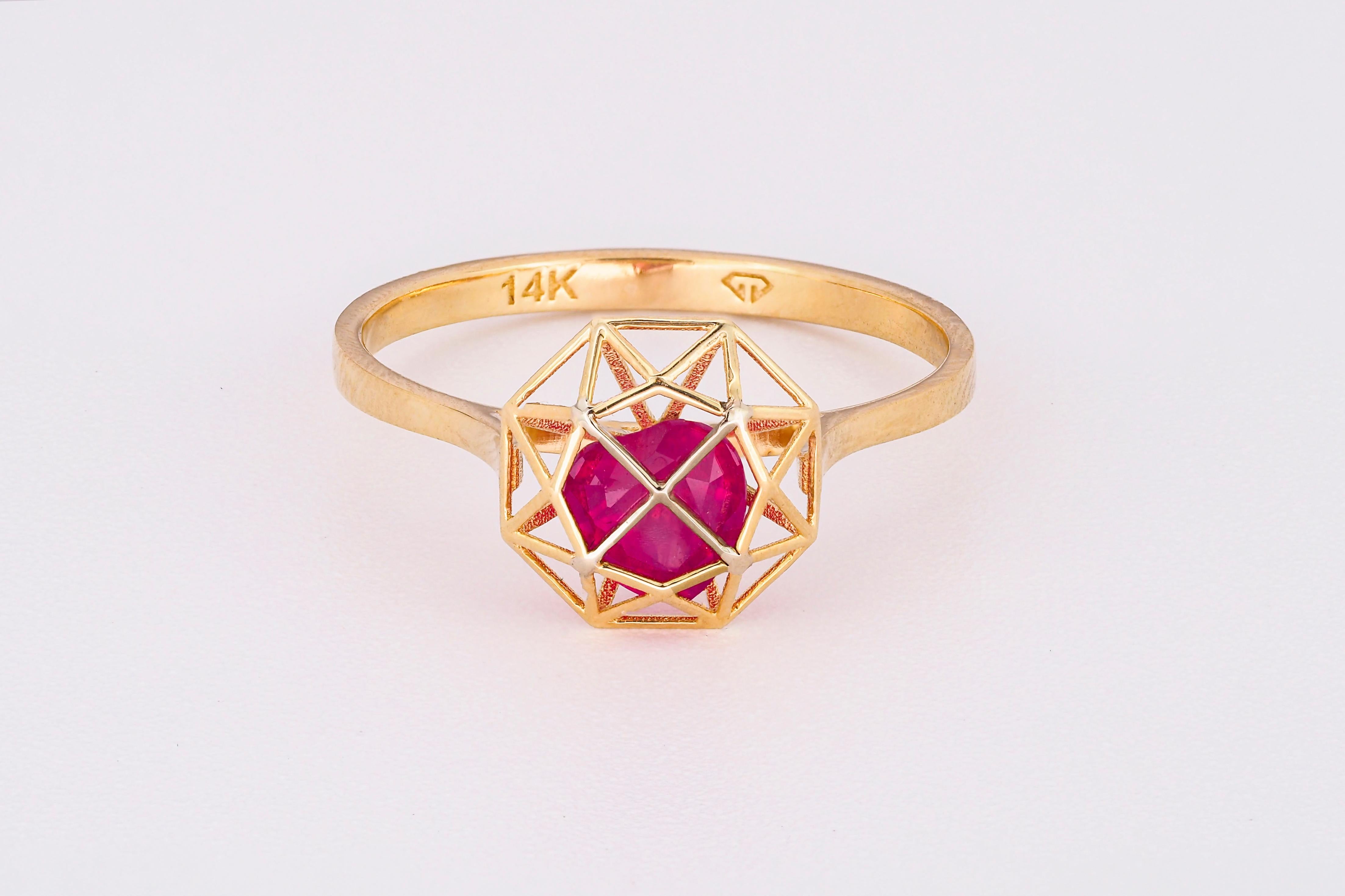 For Sale:  14 karat Gold Ring with Heart Ruby. July birthstone ruby ring. Love ring 4