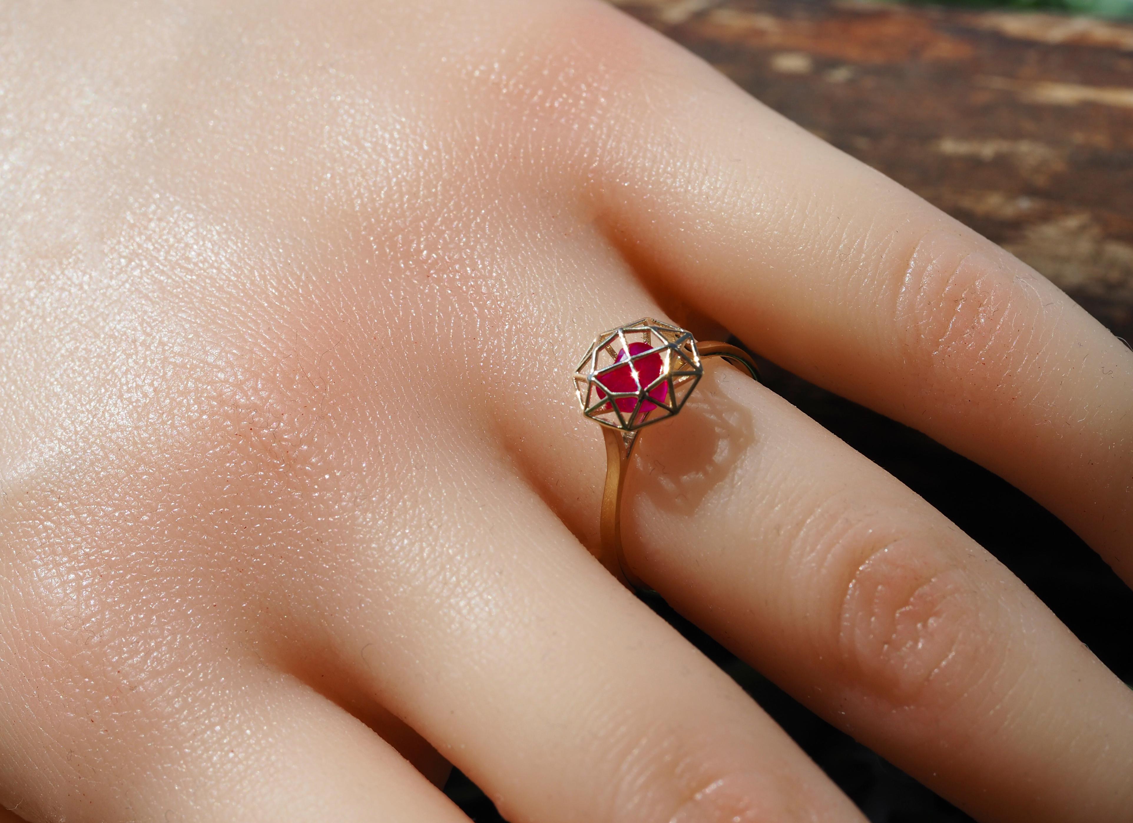 For Sale:  14 karat Gold Ring with Heart Ruby. July birthstone ruby ring. Love ring 5