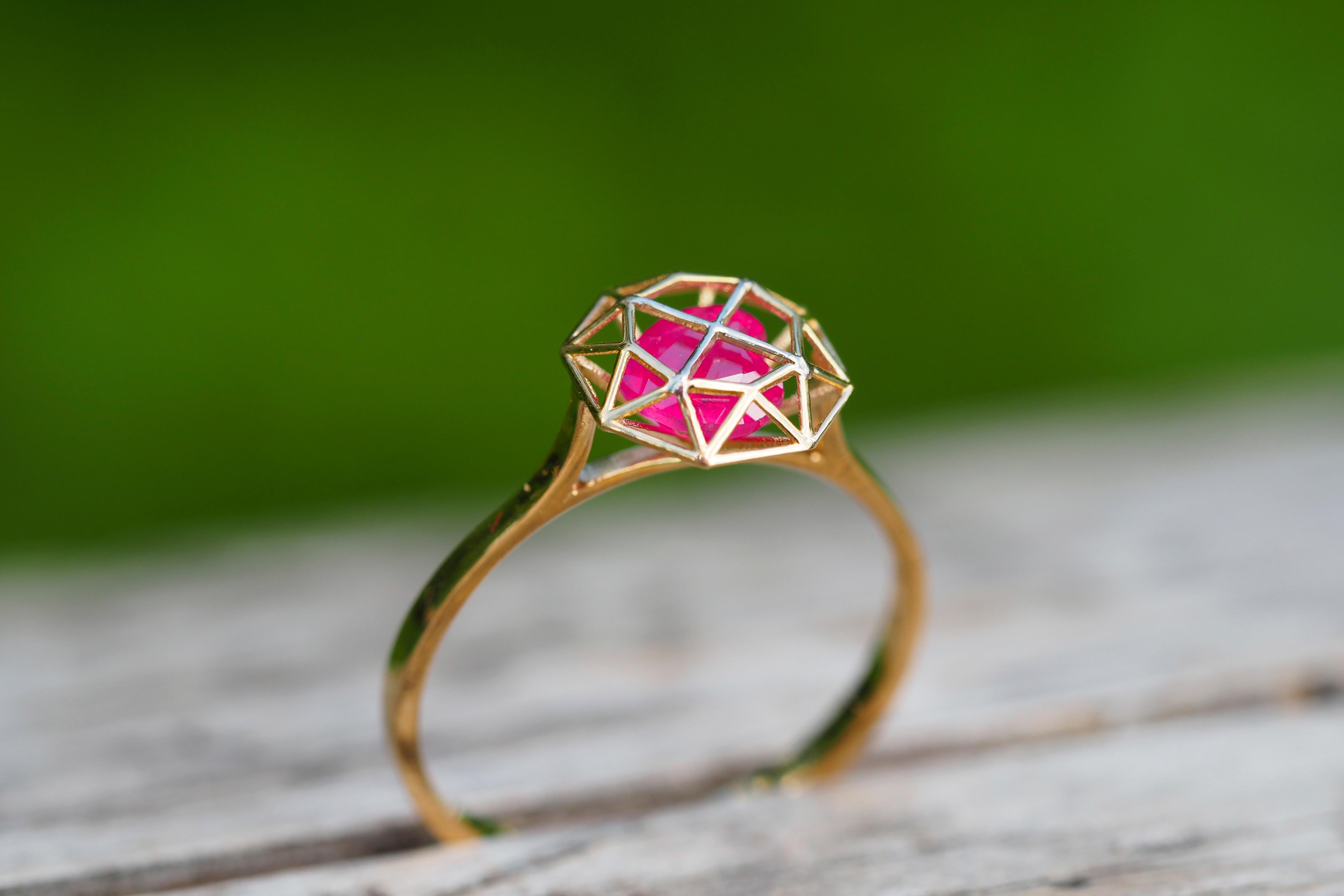 For Sale:  14 karat Gold Ring with Heart Ruby. July birthstone ruby ring. Love ring 8