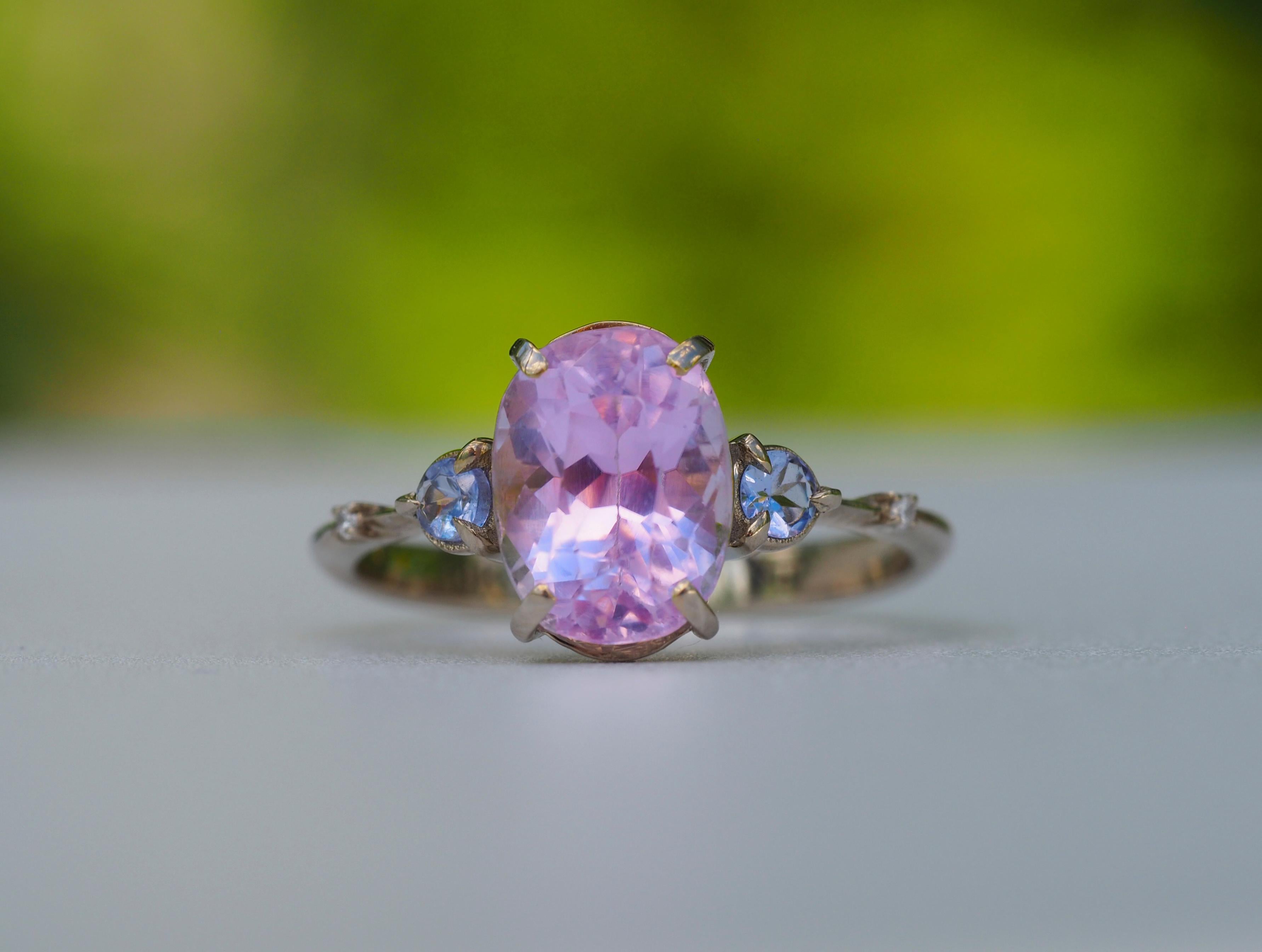 For Sale:  14k Gold Ring with Kunzite, Side Tanzanites and Diamonds 10