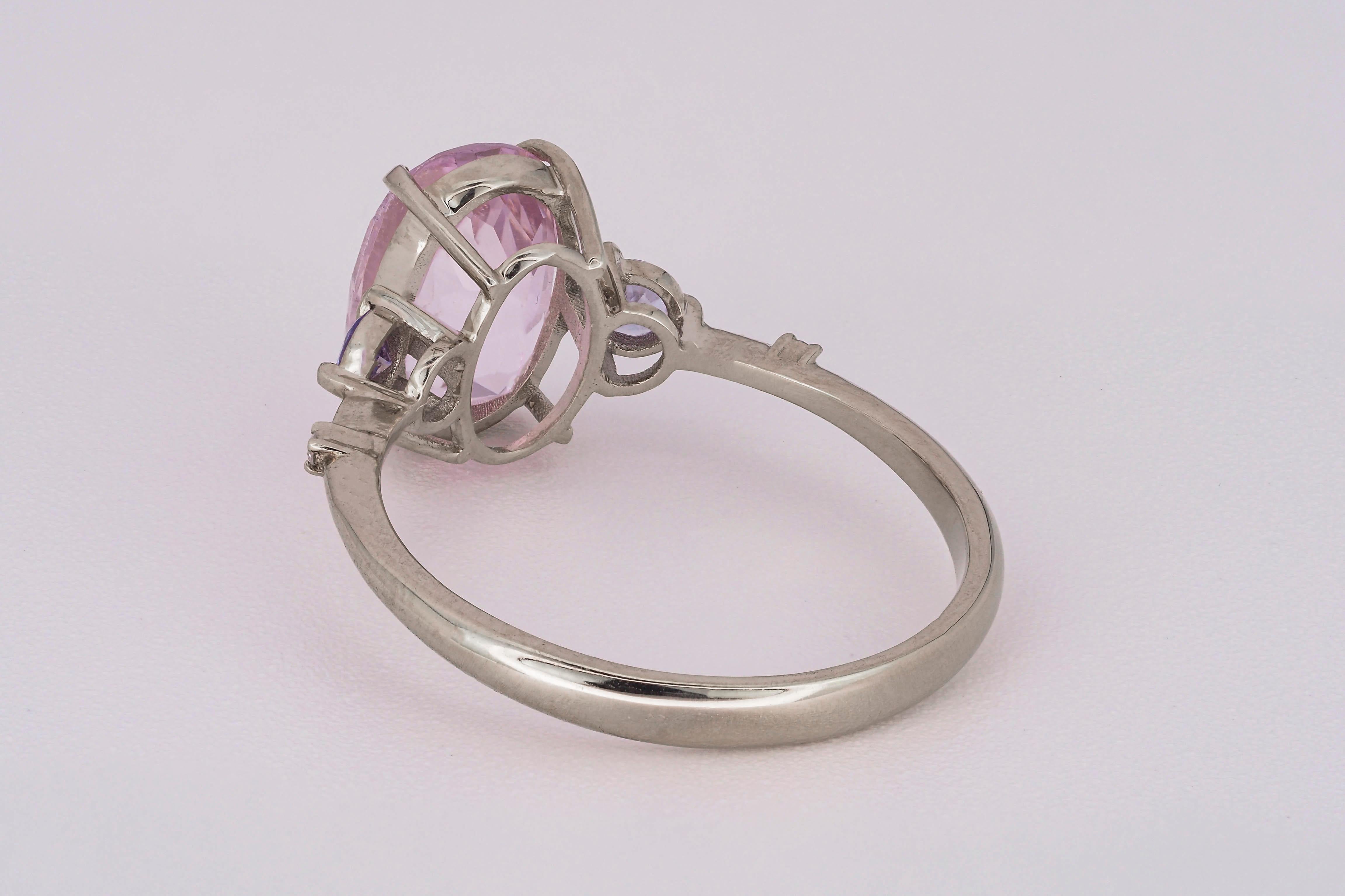 For Sale:  14k Gold Ring with Kunzite, Side Tanzanites and Diamonds 6