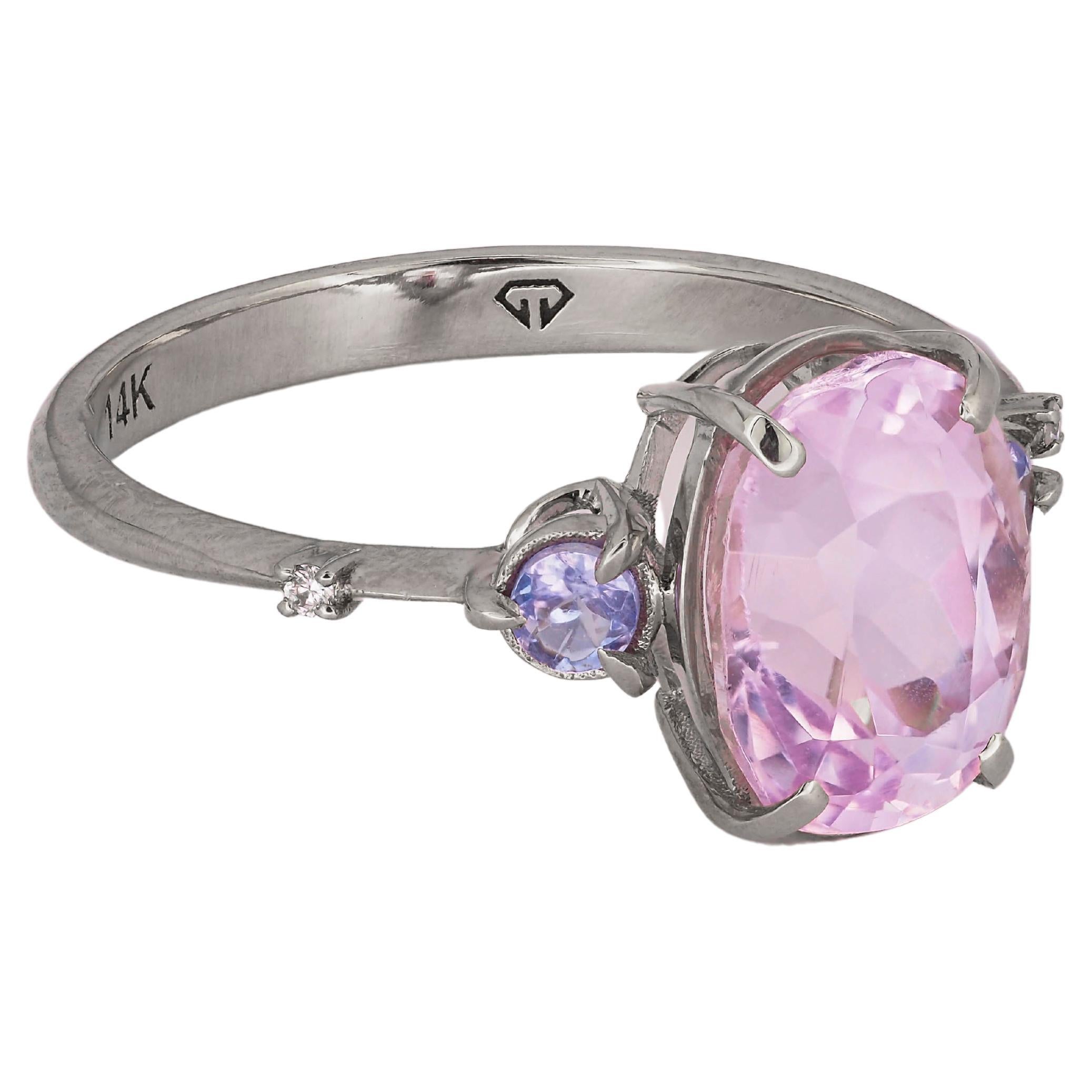 For Sale:  14k Gold Ring with Kunzite, Side Tanzanites and Diamonds