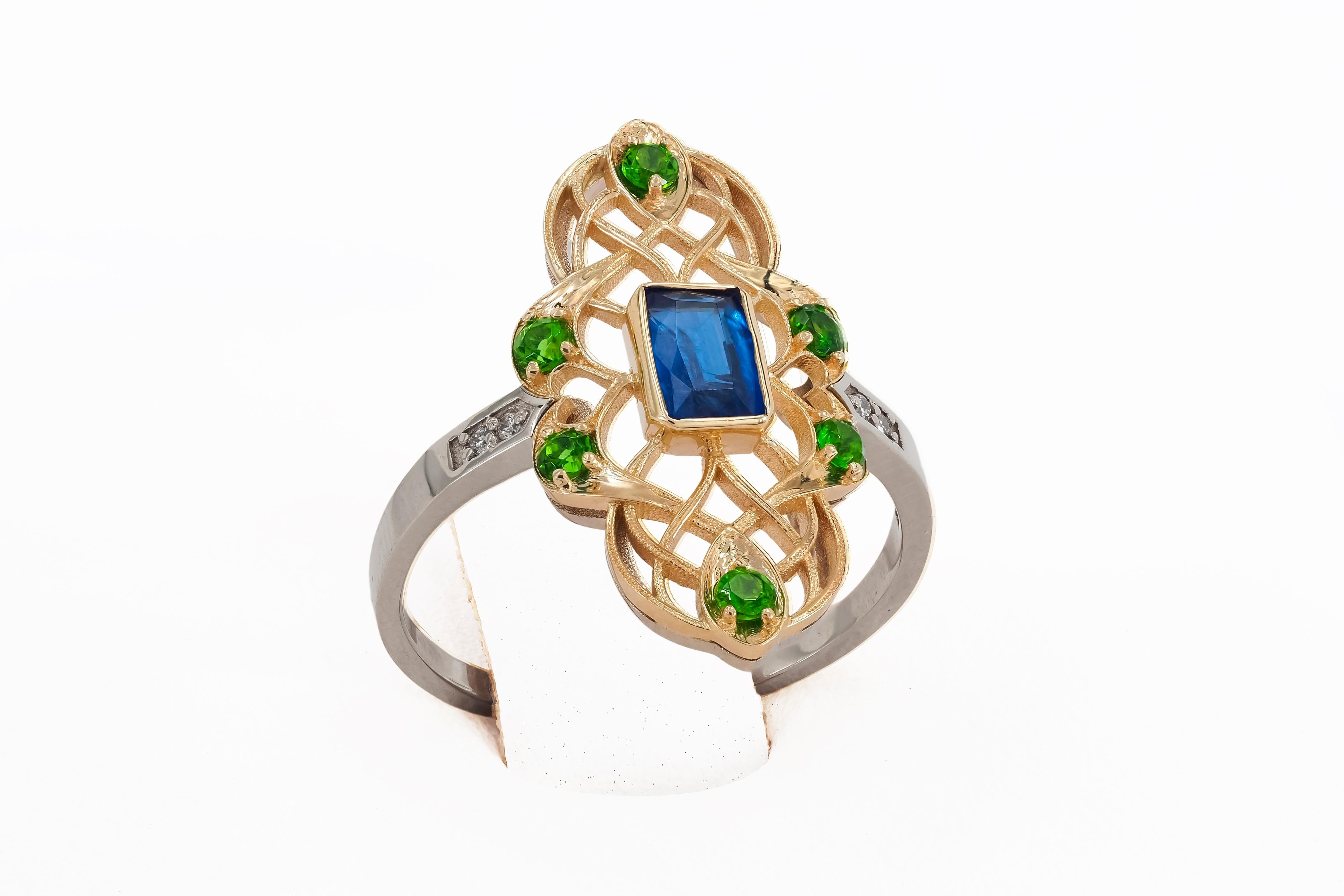 14k Gold Ring with Kyanite, Chrome Diapsides, Diamonds In New Condition For Sale In Istanbul, TR
