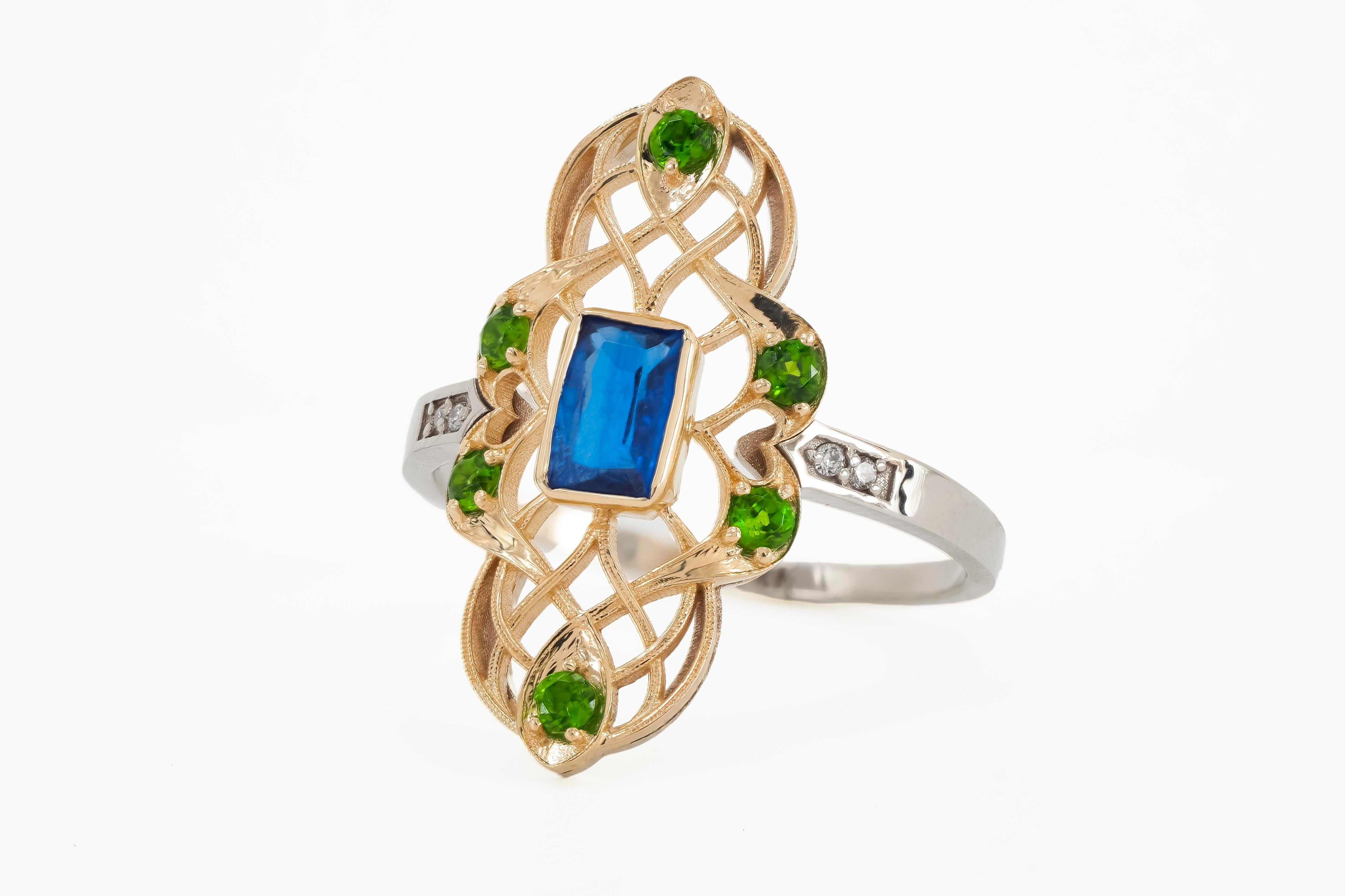 Im Angebot: 14 Karat Gold Ring mit Kyanit, Diamanten. Vintage-Ring. () 3