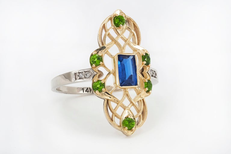 For Sale:  14 Karat Gold Ring with Kyanite, Diamonds. Vintage ring. 5
