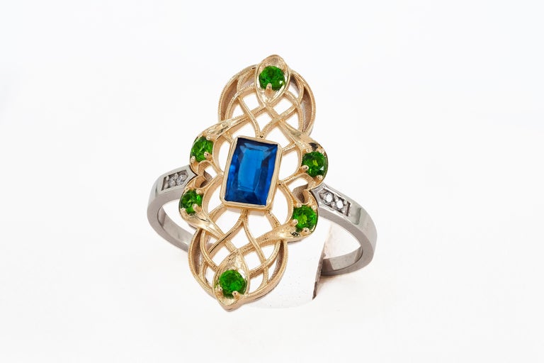For Sale:  14 Karat Gold Ring with Kyanite, Diamonds. Vintage ring. 7